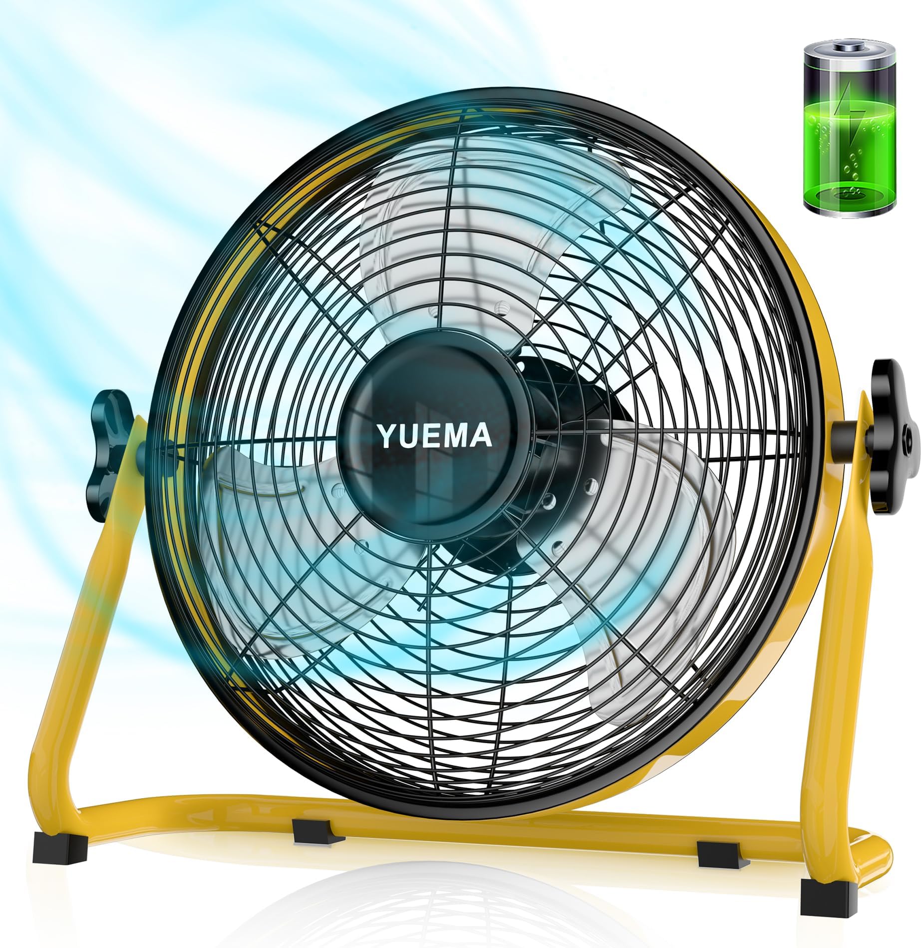 YUEMABattery Operated 16 Inch Floor Fan, Rechargeable High Velocity Portable Cordless Metal Blade Fan for Camping, Travel, Patio, Tent, Outdoor/Indoor Use, 360 Degree Manual Tilt, 12 Speed
