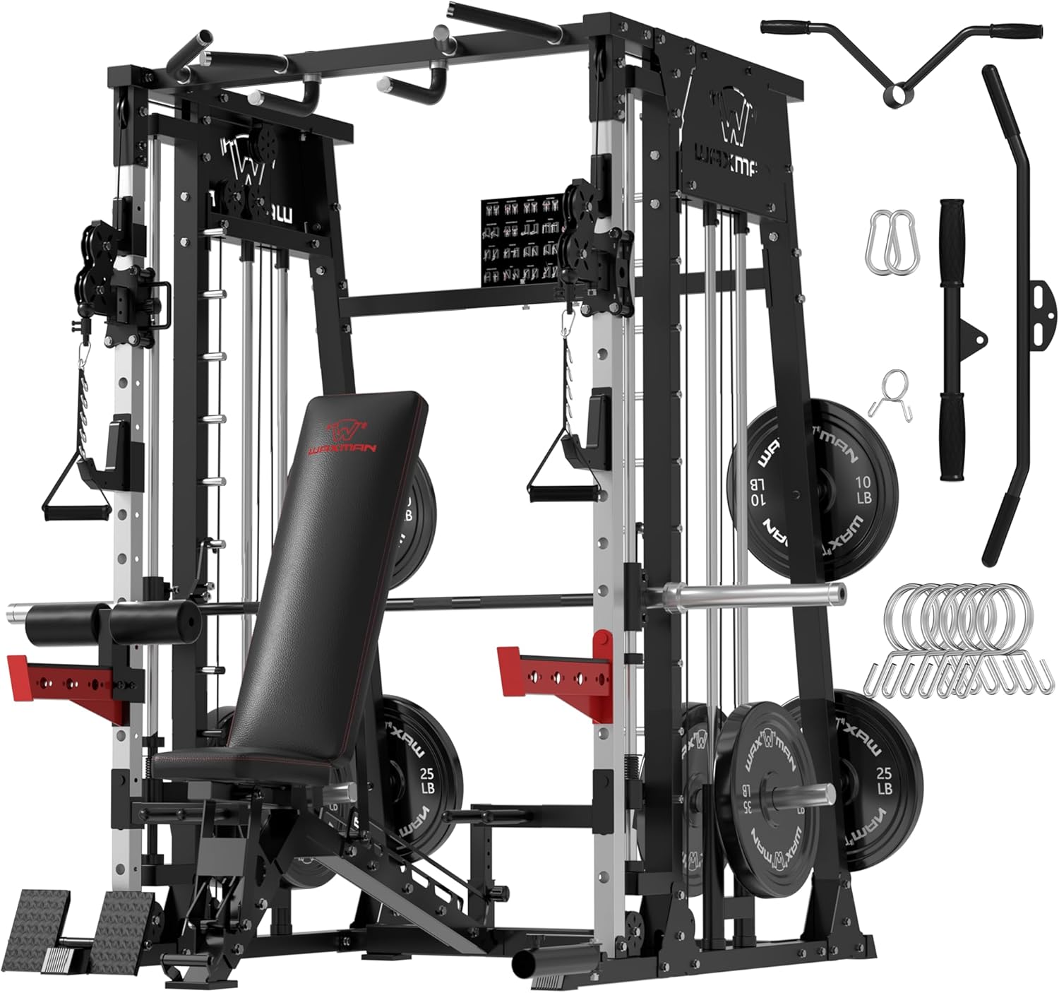Waxman Smith Machine, 2200lbs Squat Rack with LAT-Pull Down System & Cable Crossover Machine, Training Equipment with Leg Hold-Down Attachment, Garage & Home Gym Package with 340lBS Black Plates