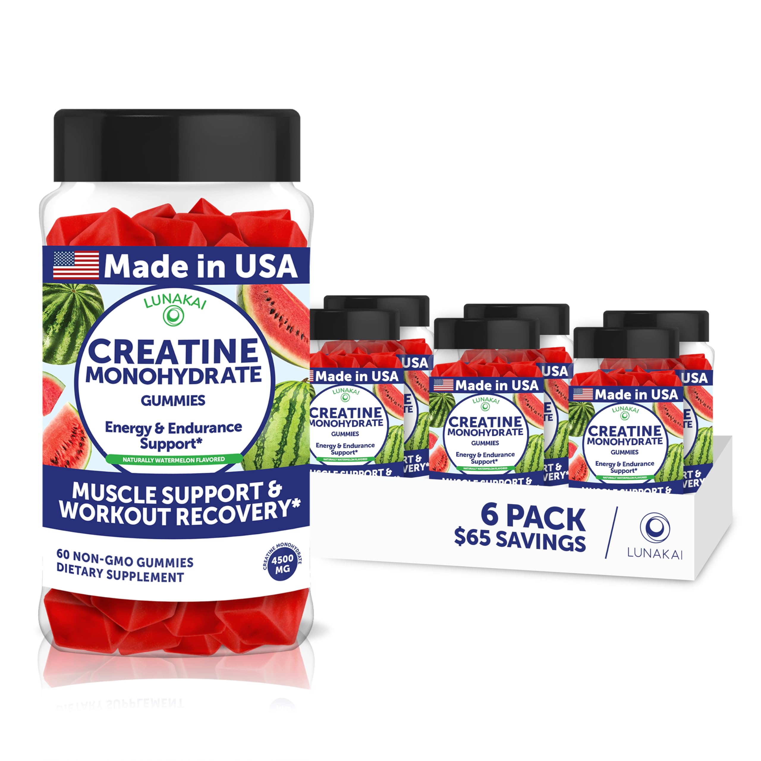 Lunakai USA Made Creatine Monohydrate Gummies for Women & Men – Vegan Creatine Gummies for Muscle & Recovery Support – Pre Workout Supplement - 6 Pack