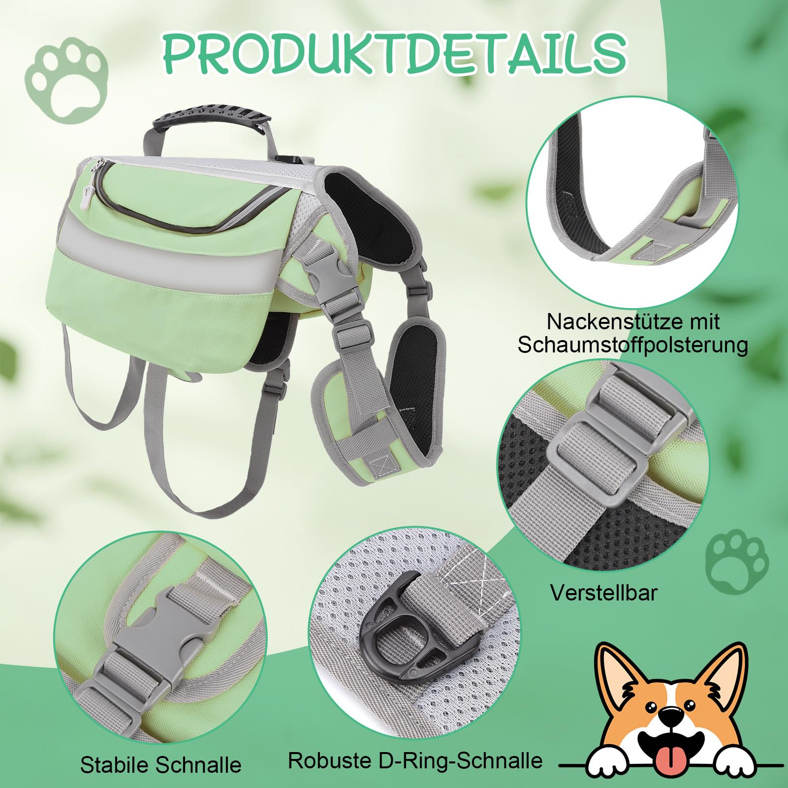 Zaino per cani, traspirante, robusto, con strisce riflettenti, 2 tasche laterali, impermeabile, per passeggiate, escursioni, allenamento (verde)