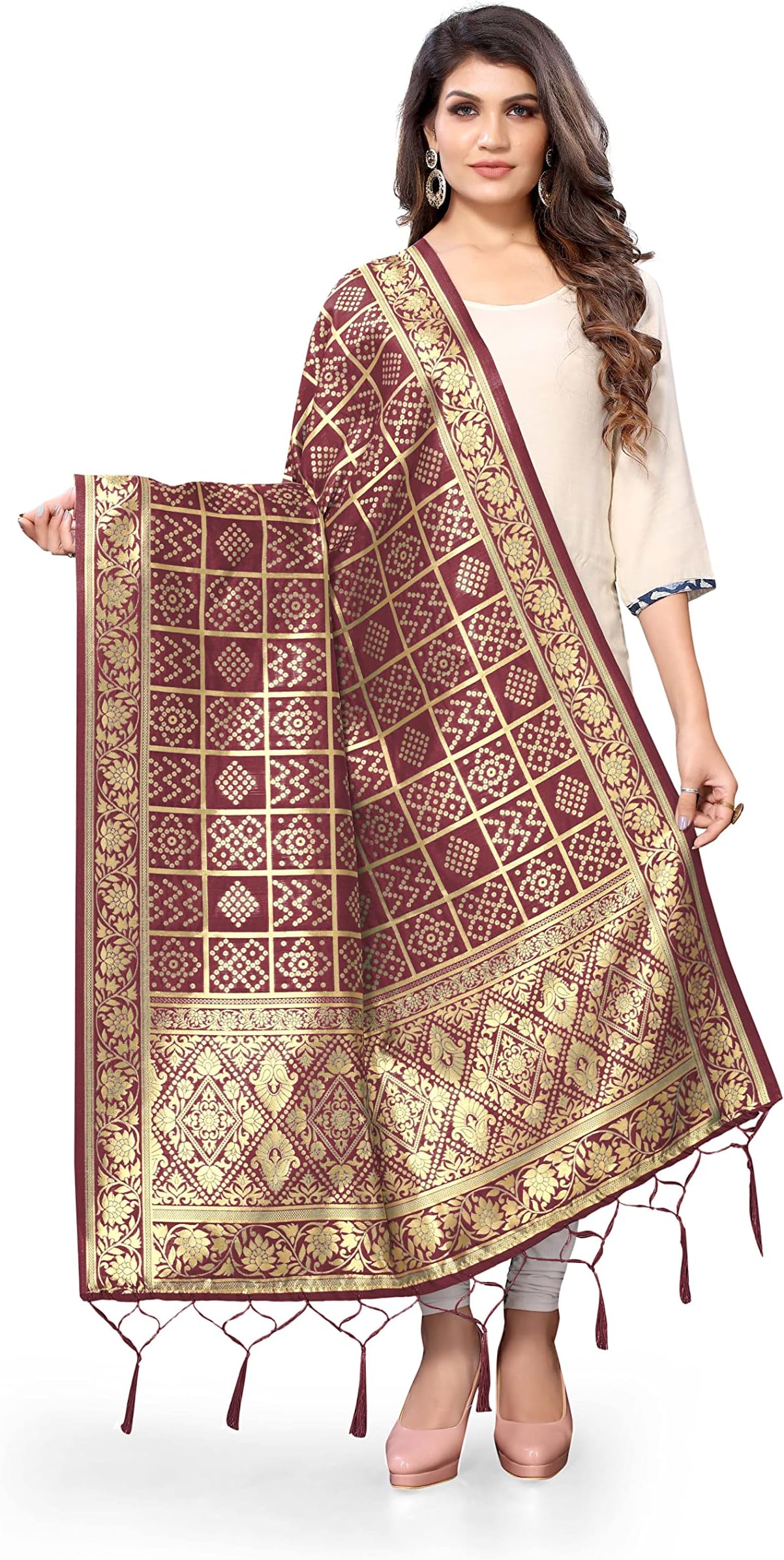 JaanviWomen's Indian Traditional Bandhani Silk Dupatta With Zari Work