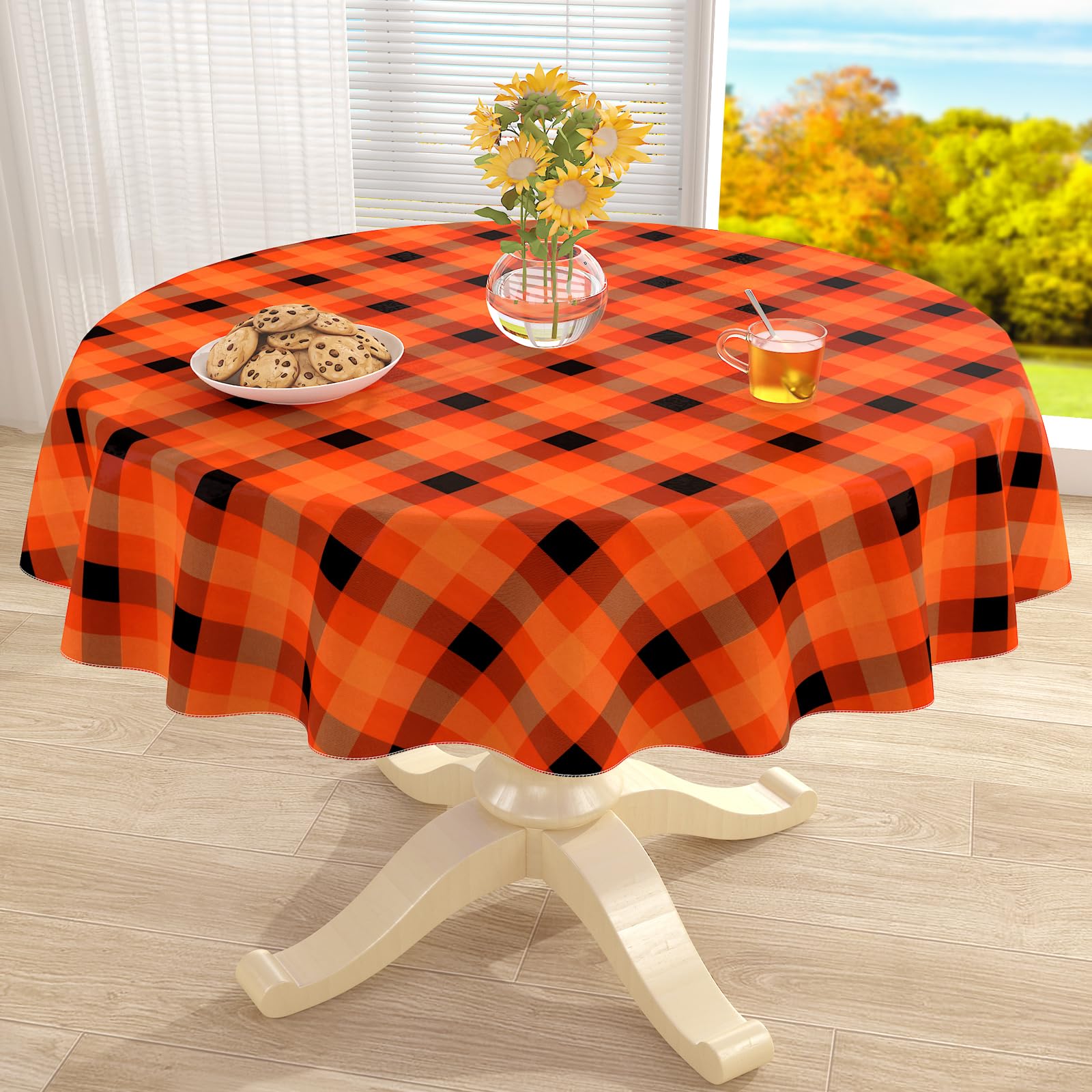 misaya Round Waterproof Vinyl Table Cloth, Flannel Backed Tablecloth