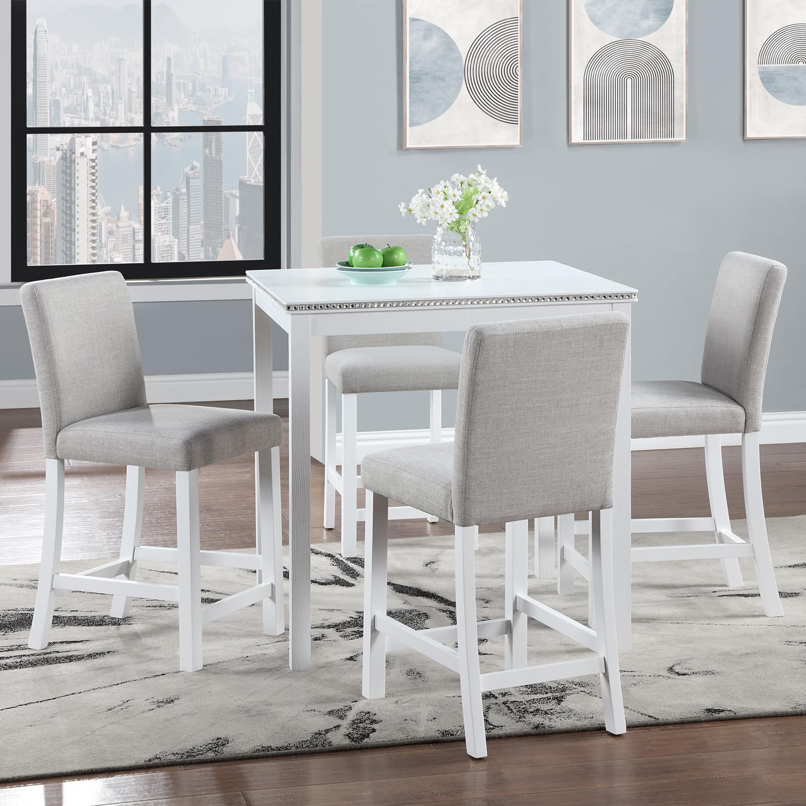 LUMISOL Dining Table Set for 4, 5-Piece Solid Wood Counter Height Kitchen Table Set with 4 Upholstered Chairs for Kitchen, Dining Room, Home Bar,