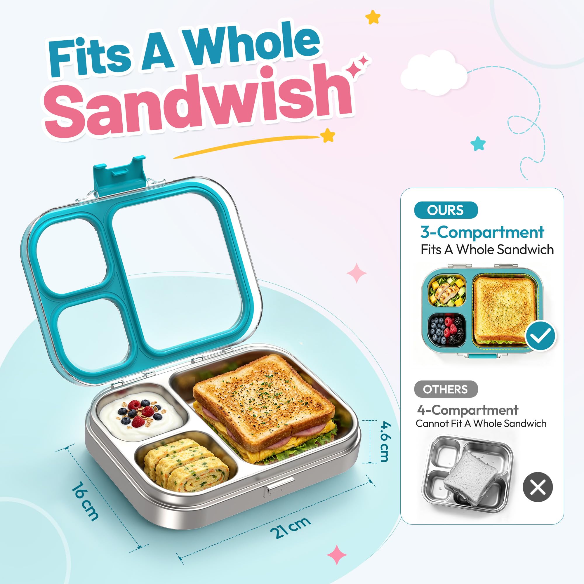 VITONIS Edelstahl Brotdose Lunchbox mit 3 Fächern, Bento Lunch Box Kinder Auslaufsicher BPA frei, Spülmaschinenfest, Perfekt für Schule, Kindergarten & Unterwegs (Blau)