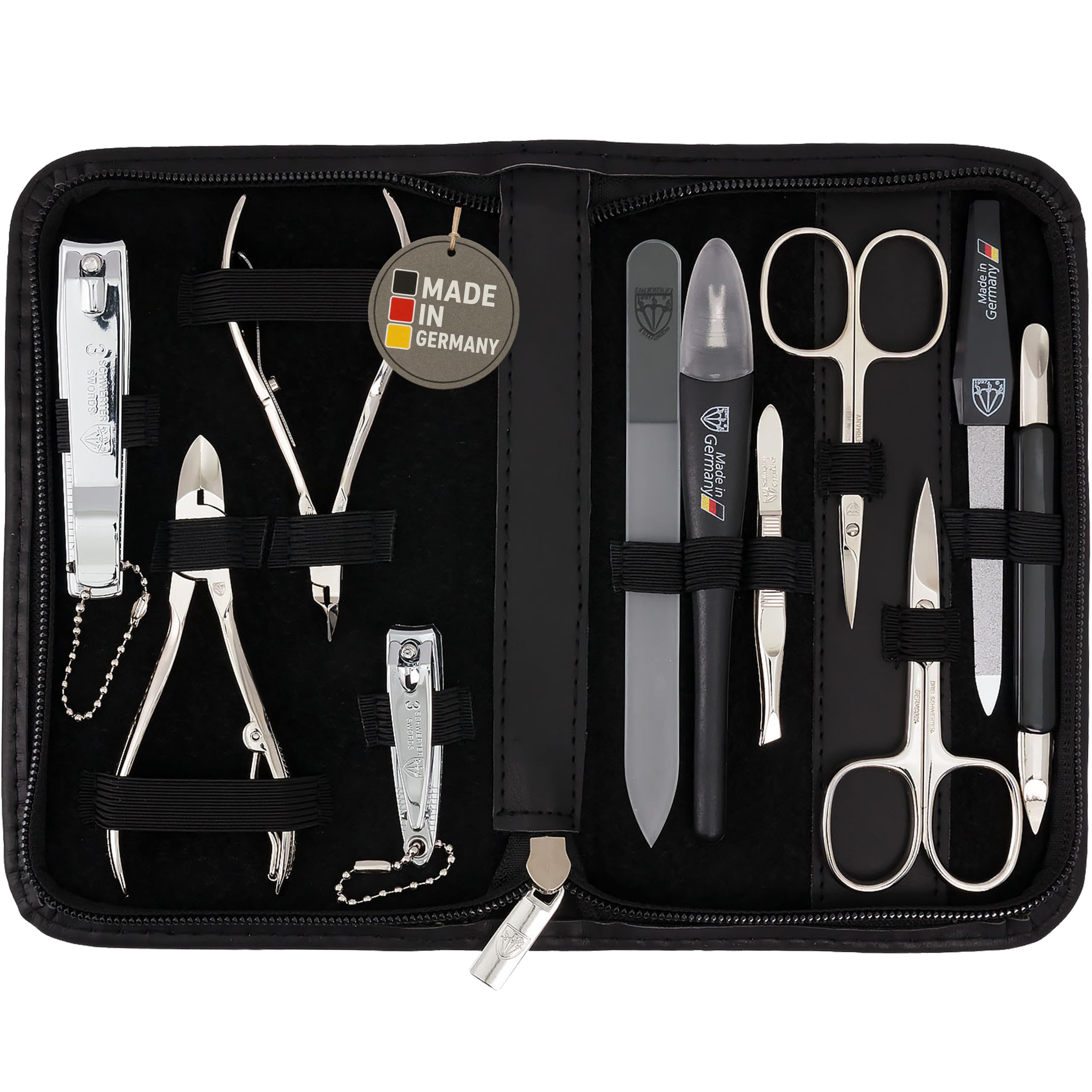 DREI SCHWERTER - Germany Spezia Kit de manucure 11 pièces avec étui en cuir véritable noir | Contenu : ciseaux à cuticules, ciseaux à ongles, pince à ongles, coupe-ongles, pince à cuticules, pince à