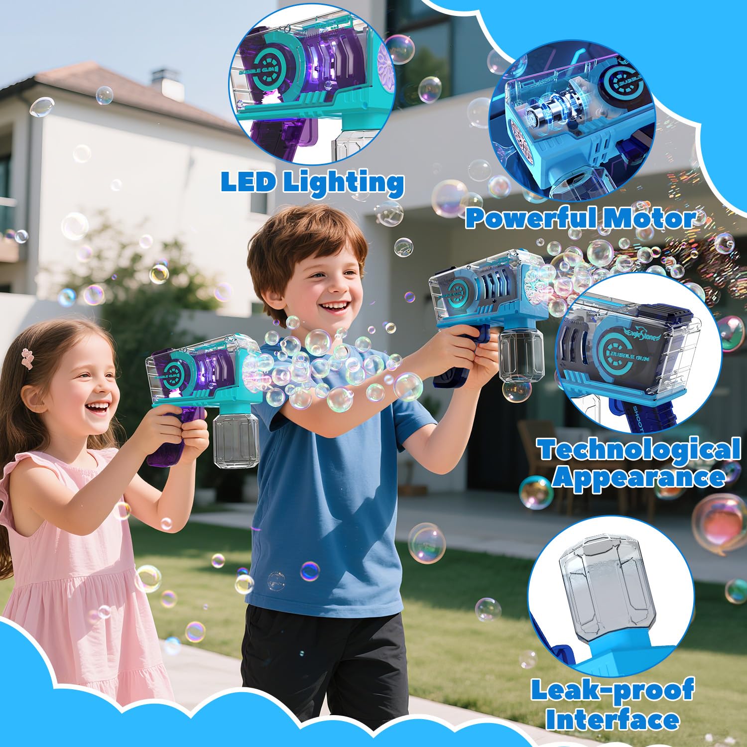 EagleStone 2er-Pack automatische Seifenblasenpistole mit 10 Düsen und LED-Licht, Seifenblasenmaschine für Kinder ab 4 Jahren, Outdoor Seifenblasen Spielzeug für Geburtstag, Party und Geschenk