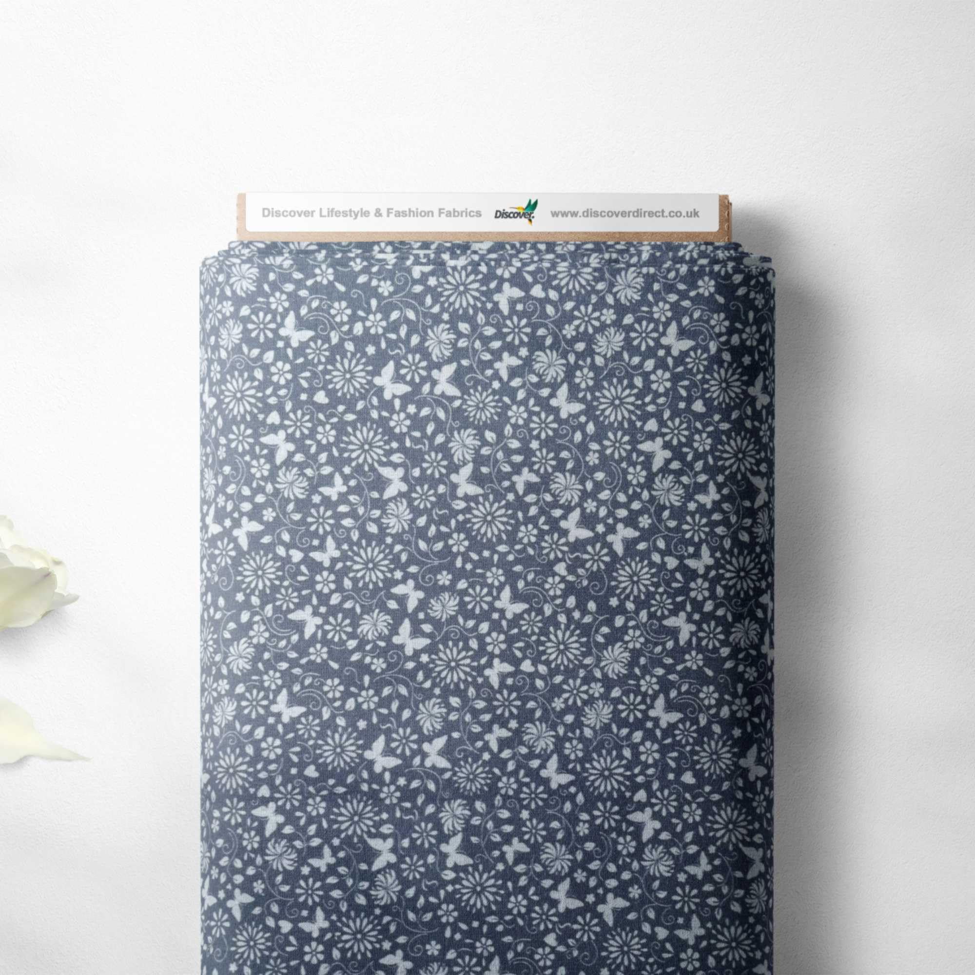 Floral Butterfly Flowers Abstract Design 100% Cotton Craft Quilting Patchwork Bunting Quality Sewing Project Fabric Material | 44" - 112 cm Wide (per Metre, Dark Grey/White)