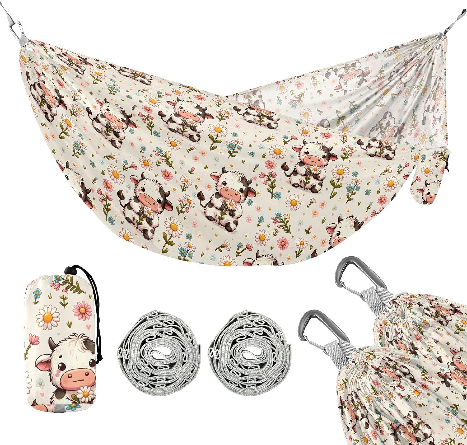 ALAZA Cute Cow Daisy Flower Camping Hammocks Single or 2 Person 500 lbs Portable Parachute Travel Hammock w/Tree Straps for Hiking Backpacking Indoor Outdoor