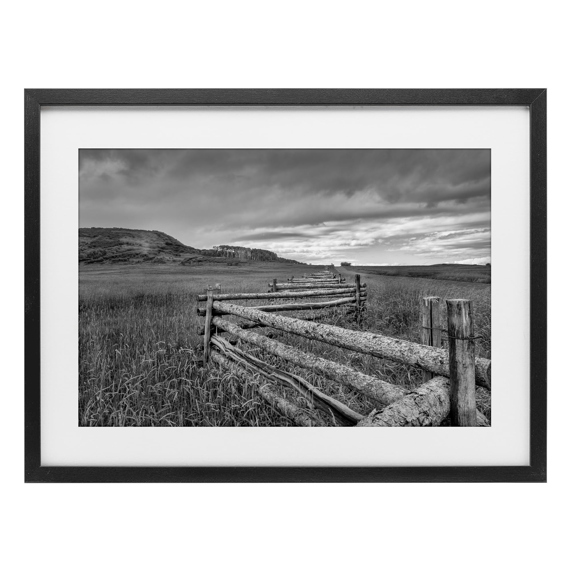 Stupell Industries Weathered Fence and Distant Horizon, Greyscale Rural Landscape Decor for Living Room, 17 x 23 Inch Framed Matted Print Under Glass, by Jon Evan, Made in USA Gift