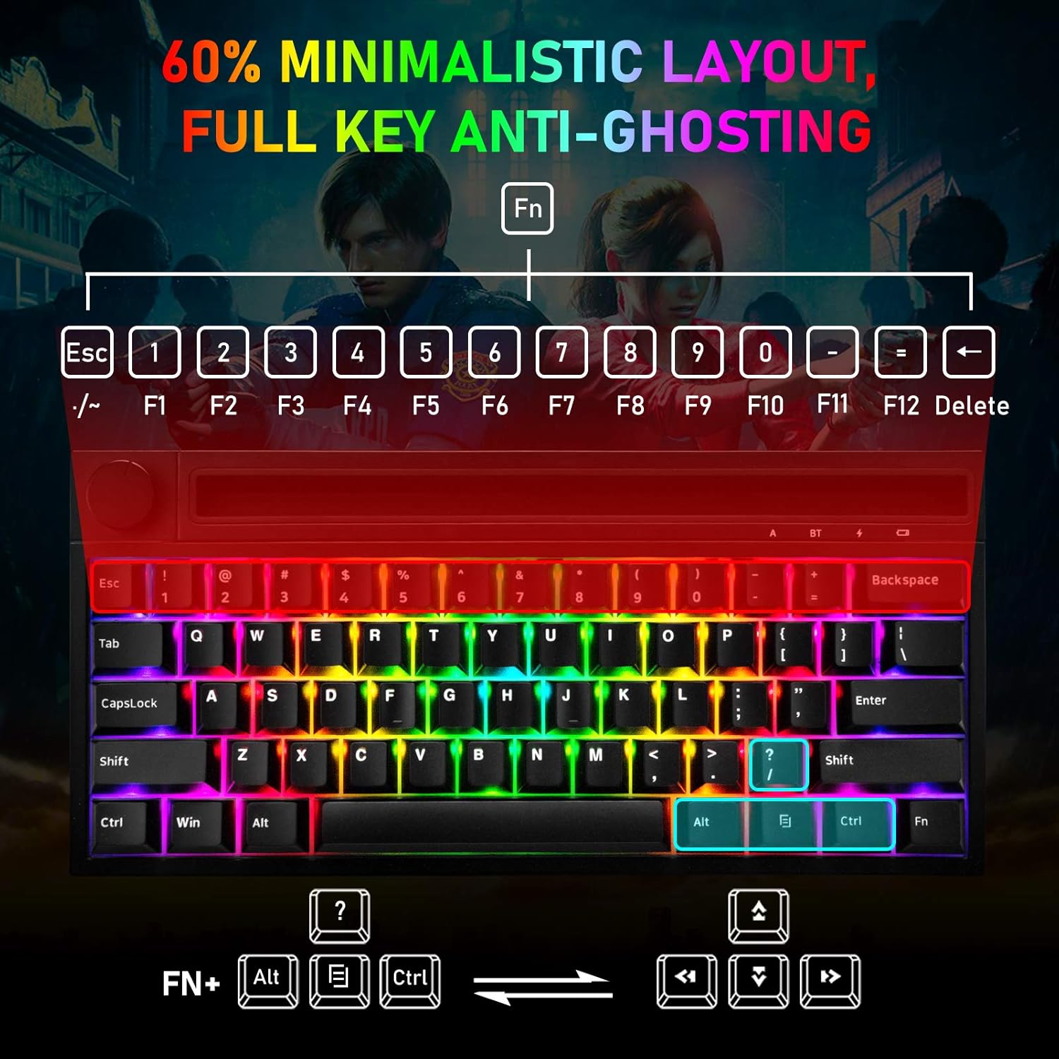 Hоttеѕt Sаlеѕ Bluetooth Mechanical Gaming Keyboard with 19 RGB Backlight Mini 61 Key Multimedia Knob Rechargeable 4400mAh Battery Type C Wired/Wireless for PC Mac Mobile Phone Gamer Typist (Black/Pink Switch)