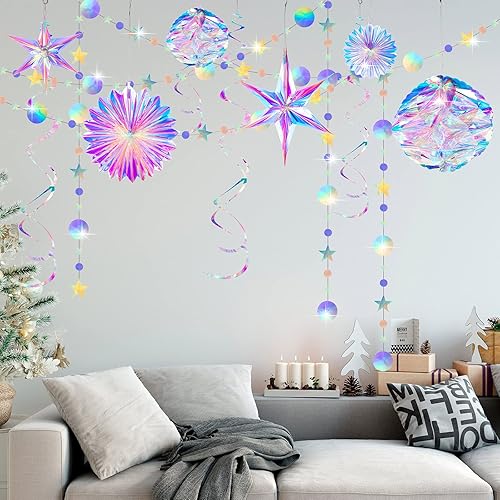 Miniatura 6 de Kit de 29 piezas de suministros holográficos iridiscentes para fiesta con bola de panal colgante, guirnalda de papel decorativo de copo de nieve,