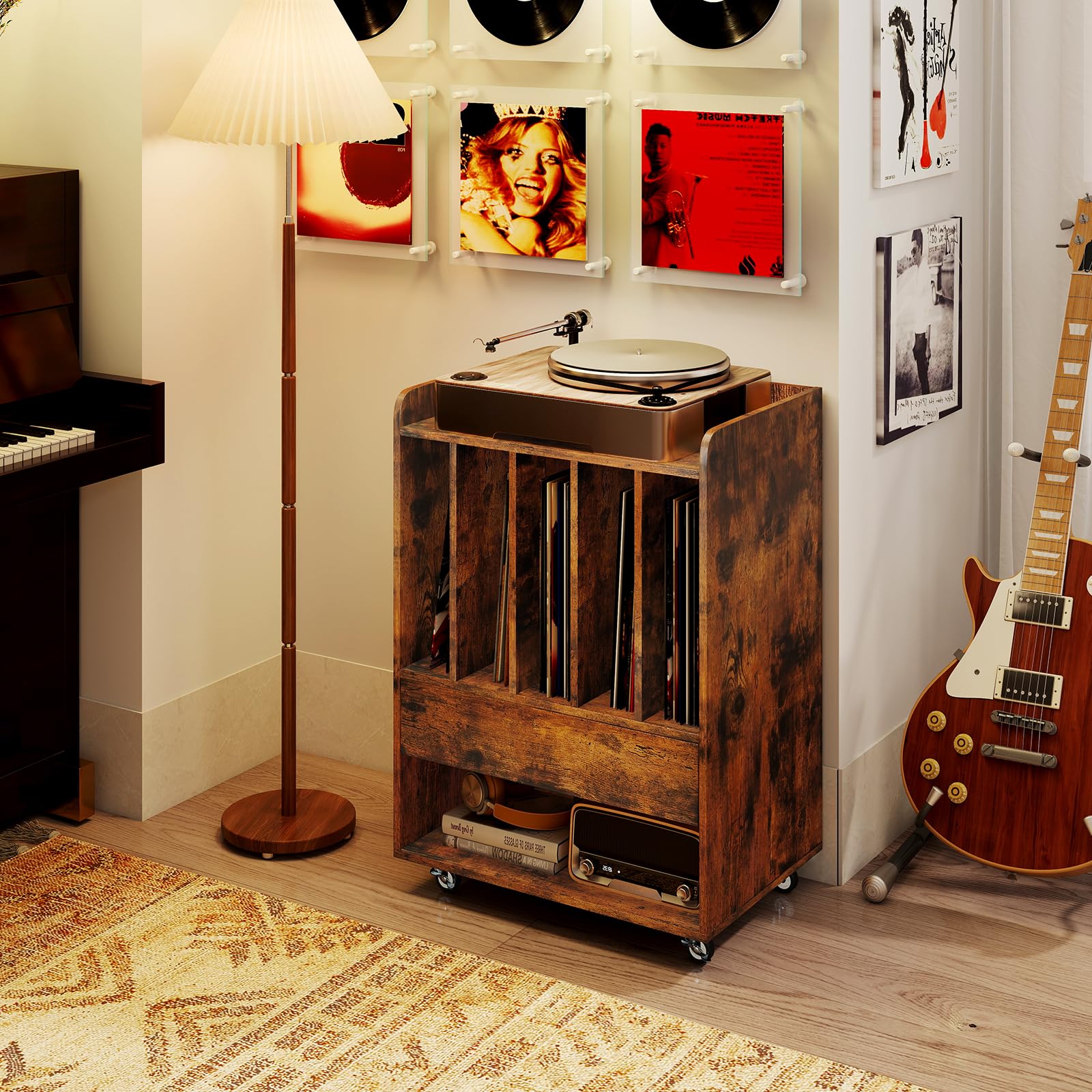 COSTWAY Soporte para Tocadiscos con Ruedas, Mueble para Discos de Vinilo con 5 Compartimentos, Cajón y Estante Abierto, Mesa Auxiliar para Tocadiscos para Salón, Oficina, 52 x 35,5 x 73 cm (Marrón)
