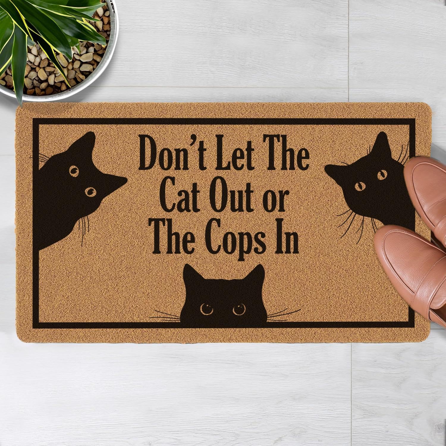 Welcome Door Mat Outdoor Indoor Entrance, Don't Let The Cat Out or The Cops In Low-Profile Floor Mats Non Slip Durable Entrance Rugs for Entry, Patio,