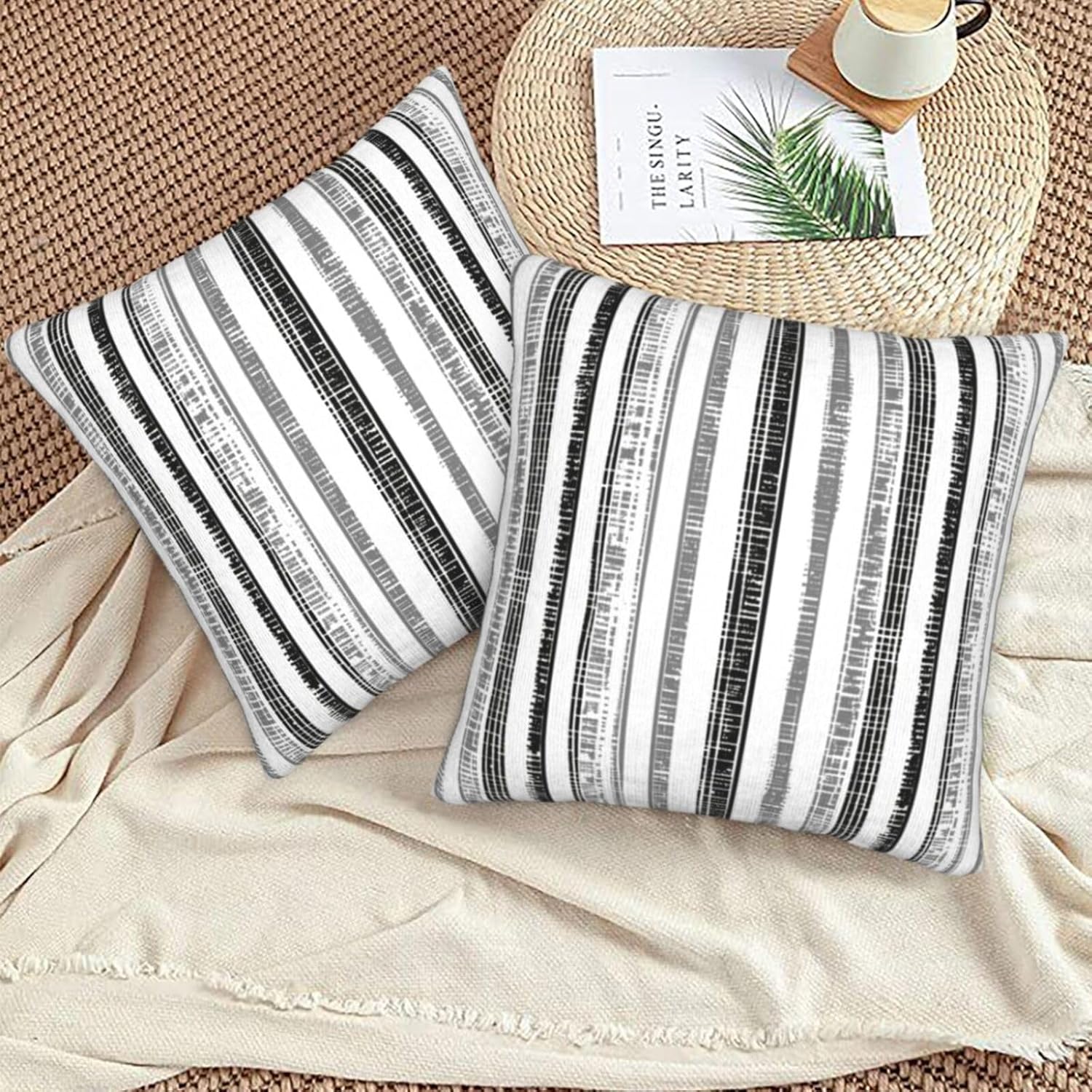 KiuLoam Boho Black White Grey Striped Throw Pillow Covers 18 x 18 Inch Set of 2, Stripe Pattern Farmhouse Outdoor Decorative Pillow Cases Modern Cushion Cases for Couch Bed Home Decor - Image 4
