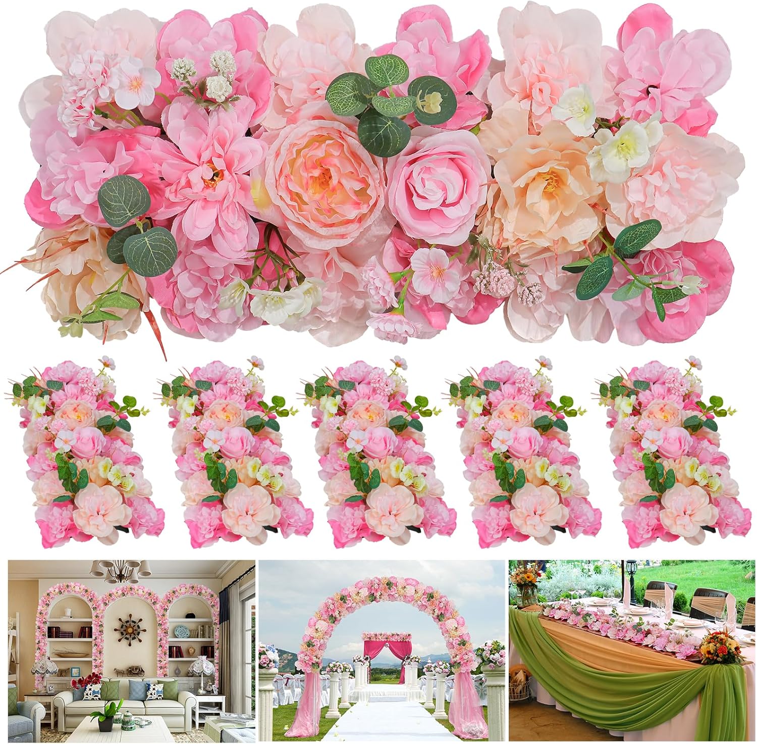 Wedding Arch Artificial Flowers Pink - 6Pack Faux Floral Swags Rose Silk Peony Realistic Arch Faux Plastic Arrangement for Romantic Wedding Wall Reception Ceremony Welcome Sign Decoration Pink 6