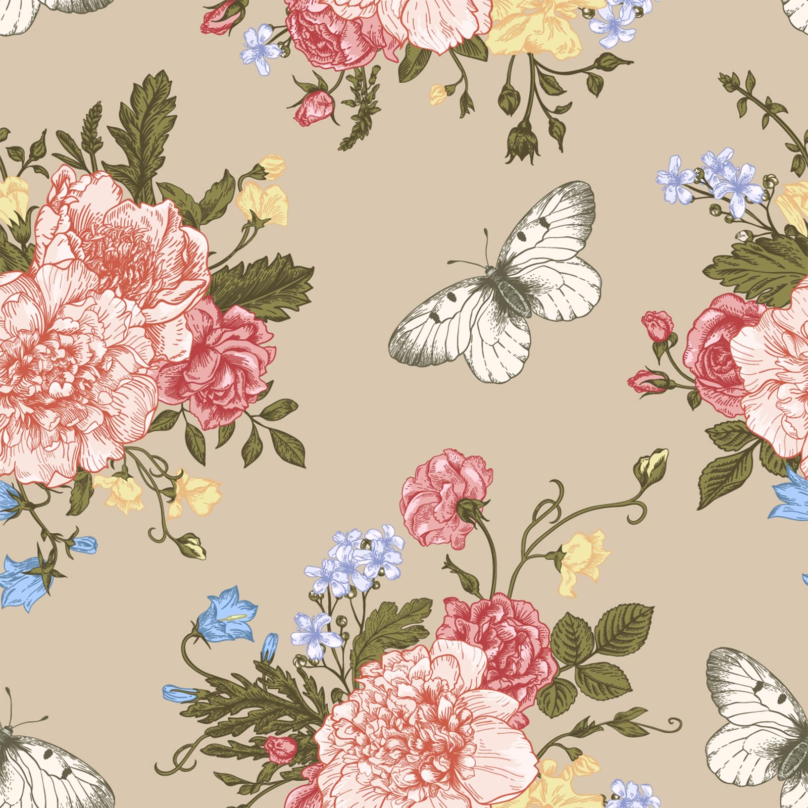 Papier peint beige pivoine repositionnable pour rénover sans abîmer les murs