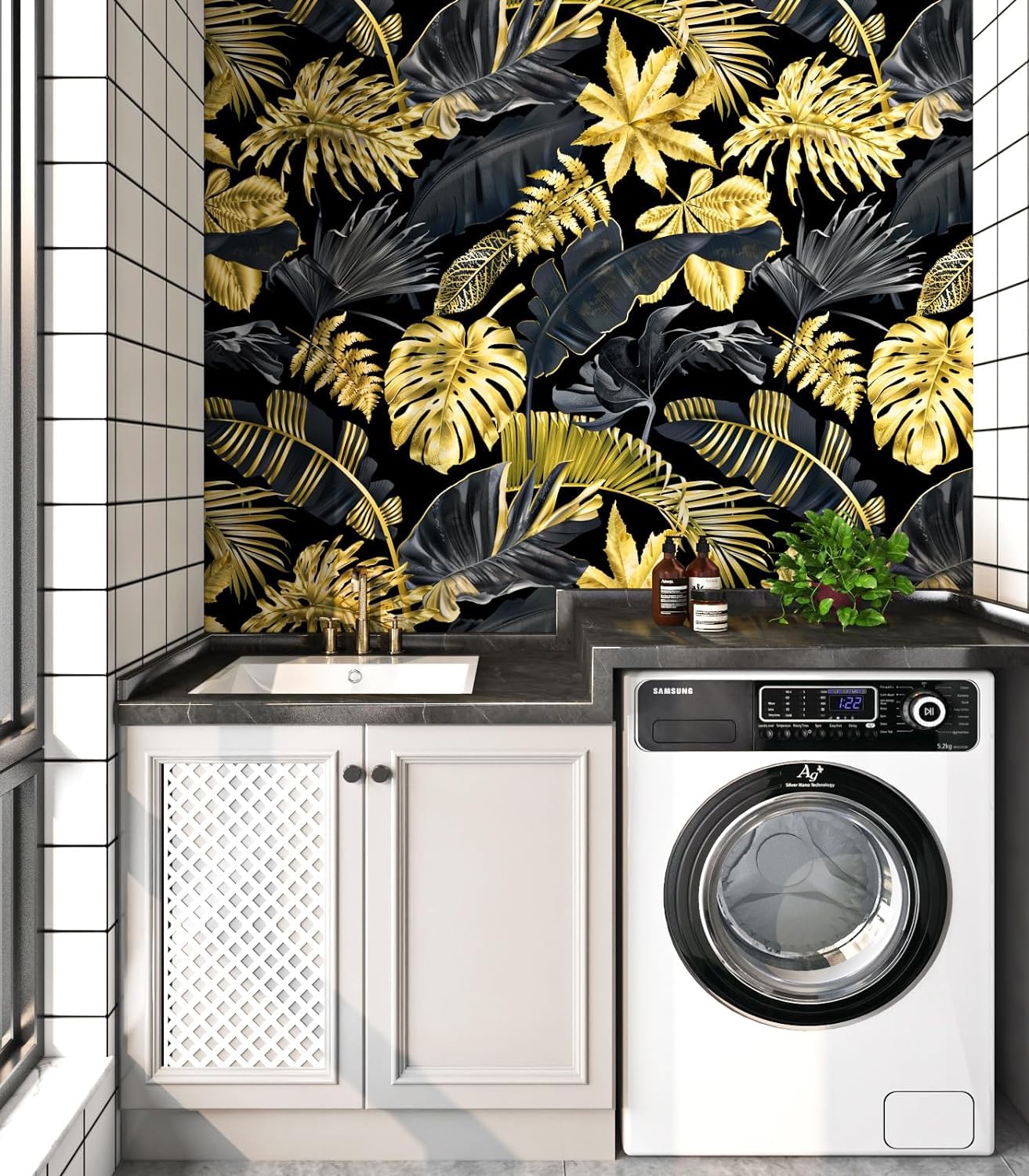 FunStick 44.5CM×9M Papel Pintado Hojas de Palma Papel Pintado Pared Autoadhesivo Hojas Oro Negro Vinilos Adhesivos Decorativos Muebles Hoja Dorado Vinilo Pared Autoadhesivo Cocina Habitacion Negro