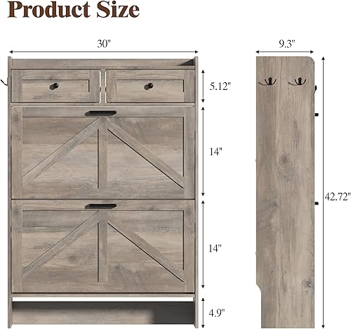Miniatura 2 de Armario de zapatos con 2 cajones abatibles y 2 cajones de almacenamiento, armario organizador de zapatos estrecho rústico de granja, gabinete