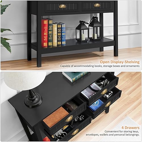 Miniatura 6 de Yaheetech Mesa consola con 4 cajones, mesa auxiliar de sofá con estante inferior abierto de almacenamiento, mesas de entrada resistentes para