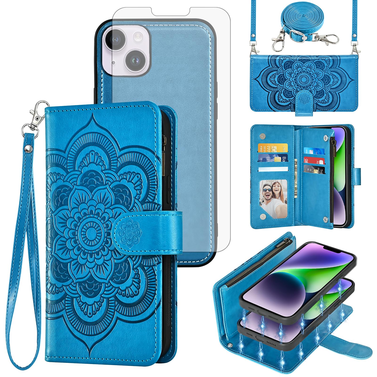 Asuwish Phone Case for iPhone 14 Plus 6.7 inch Zipper Wallet Cell Cover with Tempered Glass Screen Protector Strap Flower Card Holder i-Phone 14+