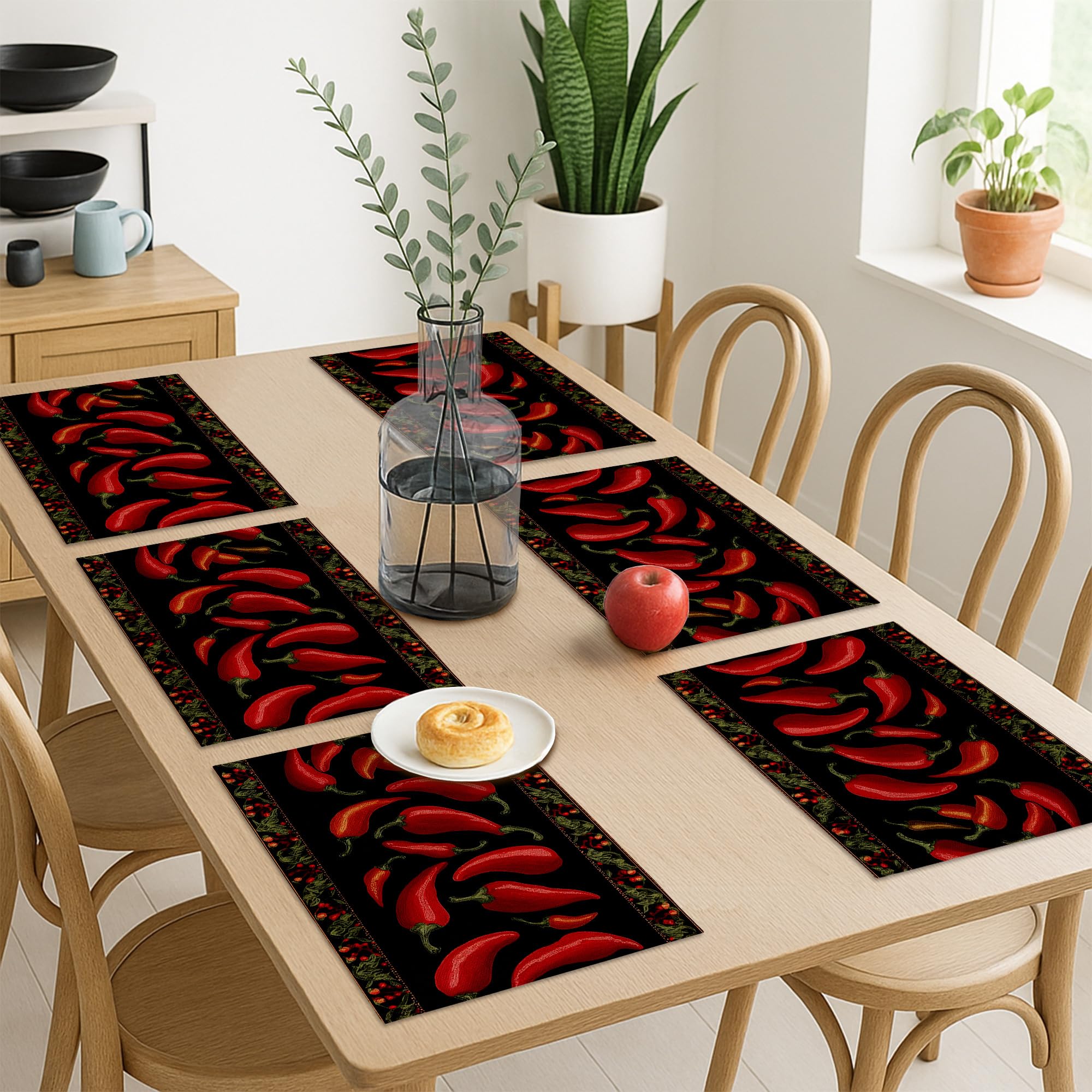 Juego de 6 manteles Individuales con Estampado de Chiles Rojos Vibrantes,