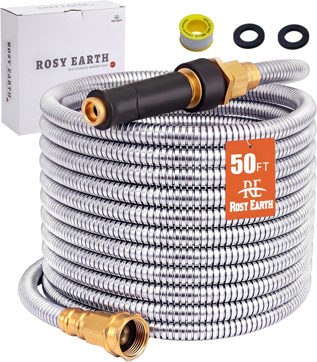 Expandable Metal Garden Hose 50 FT - 304 Stainless Steel Water Hose 50 FT - Lightweight non Kinking Flexible Garden Hose, no Bite