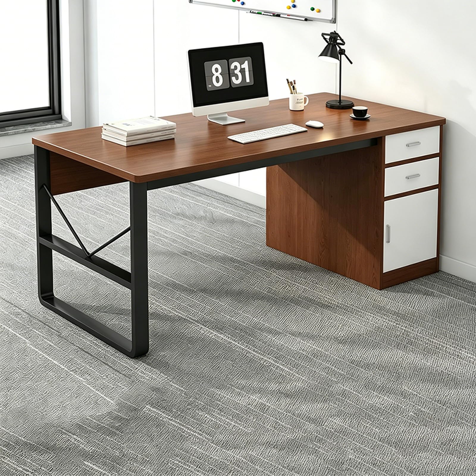 Mescxty Walnut Computer Desk With 2 Drawers, Executive Desk Workstation With Storage Cabinet,Large Storage Space,Metal Frame,Suitable For Offices,Home,Study Rooms(100X60cm(39X24inch), )