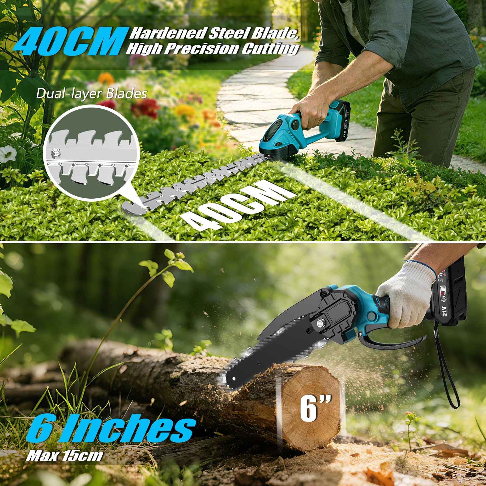 Motosierra y Cortasetos Batería con Pértiga Telescópico, 4 en 1 Kit de Herramientas Jardín, Podadora de Altura Electrica con 2 Baterías 4000 mAh, 4 Cadenas, Gafas, Guantes para Cortar Arbusto y Ramas