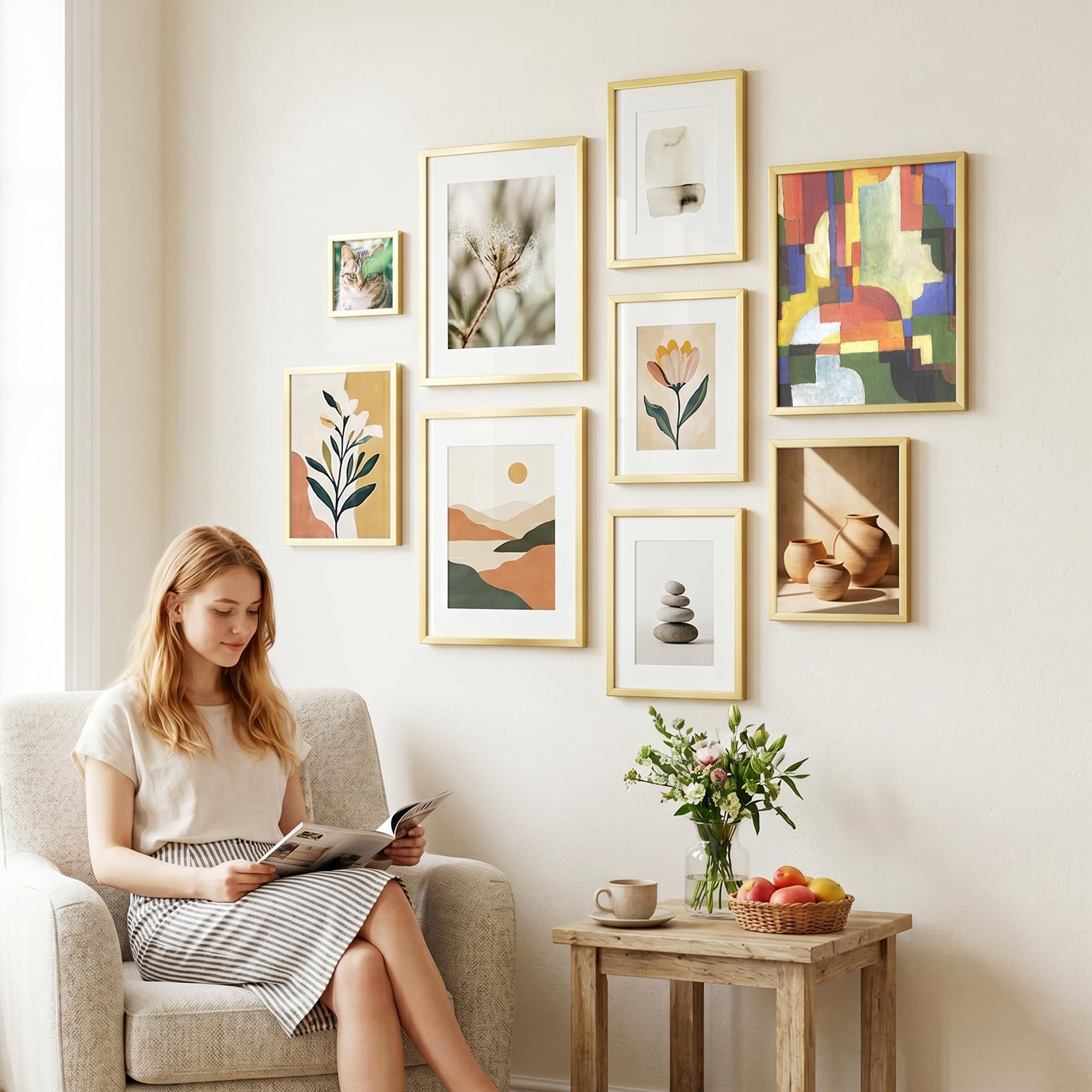 Set di 6 cornici portafoto in legno ingegnerizzato oro, con plexiglass HD, immagini da 15 x 20 cm con passepartout o 20 x 28 cm senza passepartout, cornici multiple, per collage da tavolo o