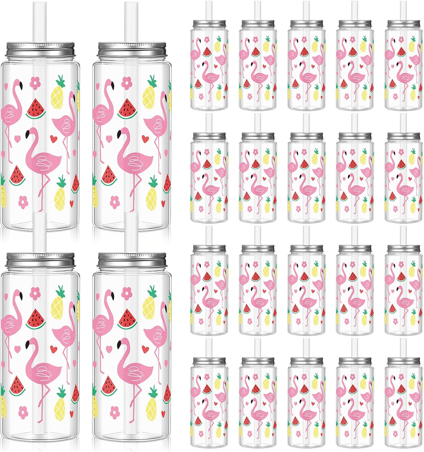 Baderke 24 Pcs Hawaiian Plastic Cups with Lids and Straws 13.5 oz Tropical Luau Clear Drinking Cup for Whiskey Soda Tea Juice Smoothies Coffee Milk Beach Birthday Party Supplies (Flamingo) 24 Flamingo