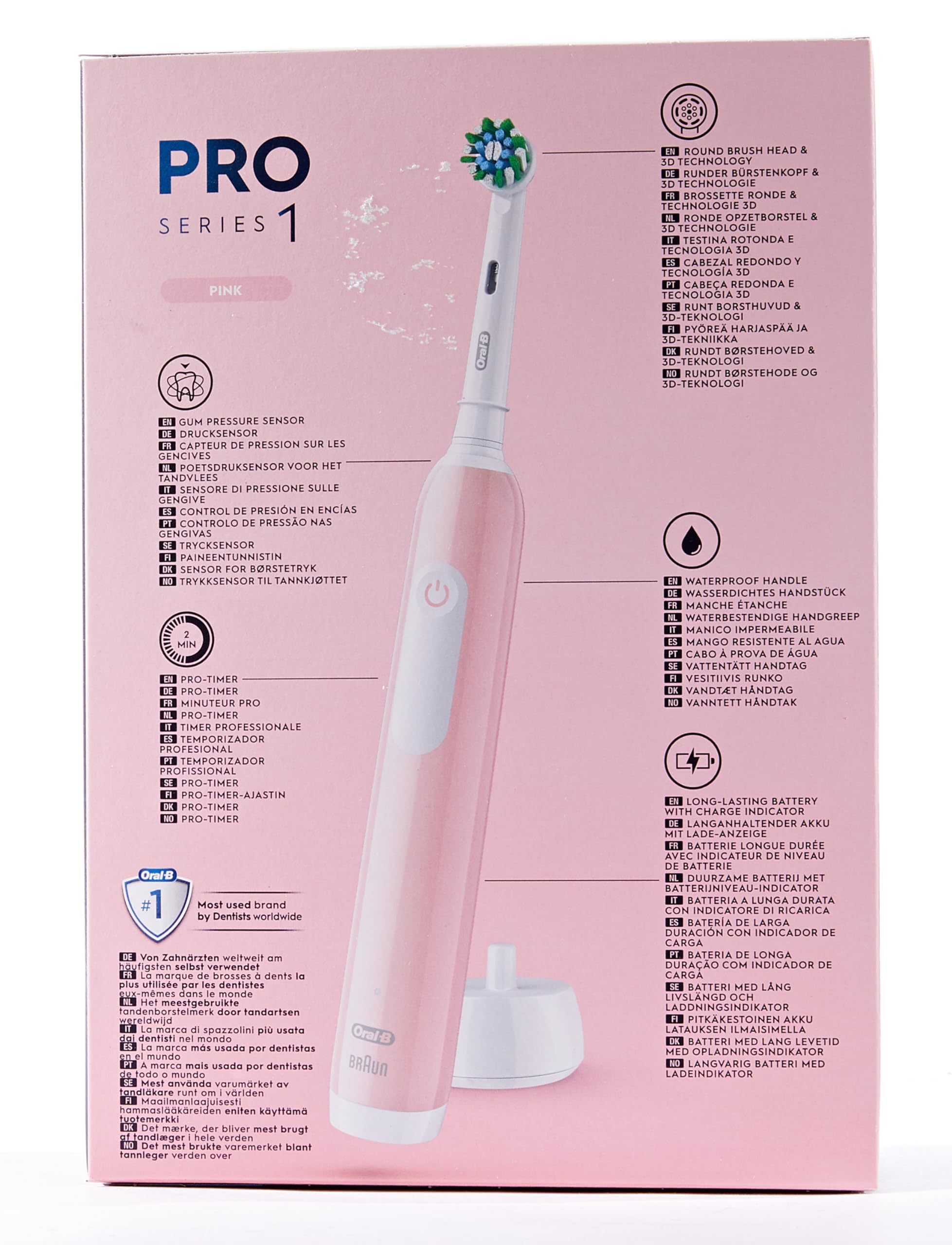 Oral-B Pro Series 1 - Cepillo de dientes eléctrico, paquete doble, 2 cabezales de cepillo, 3 modos de cepillado y sensor de presión para cuidado dental, diseñado por marrón, rosa/negro