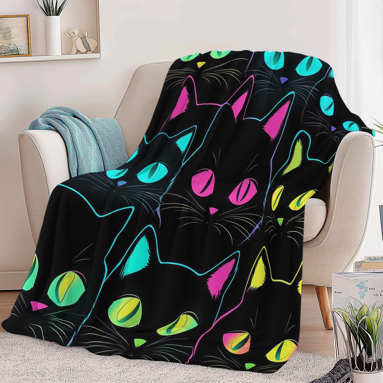 Generico Plaid Coperta Pile Nero Bambini Ragazzi Ragazze Plaid Pile Gatto Al Neon Dei Cartoni Animati Coperte Flanella, 220 x 240 cm Letto e Divano Blanket Peluche Morbida e Calda
