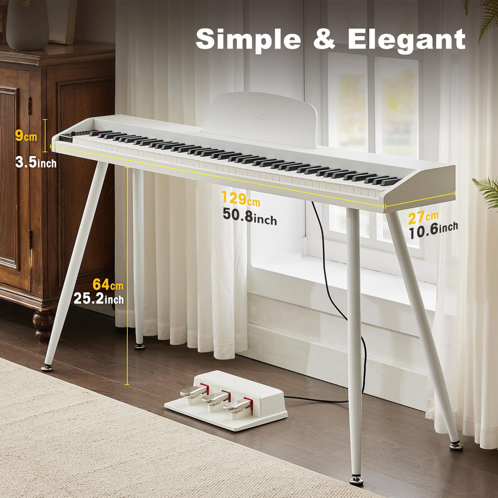 MUSTAR 88 Tasten Digital Piano für Anfänger, Keyboard Piano Volle Größe mit 3 Pedaleinheiten, Portable E-Piano, Home Digital Piano mit MIDI-USB und Ständer, Weiß