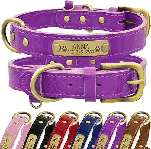 Miniatura 15 de Collar de perro de cuero genuino personalizado con placa de nombre grabada, duradero y elegante collar de perro personalizado para perros pequeños