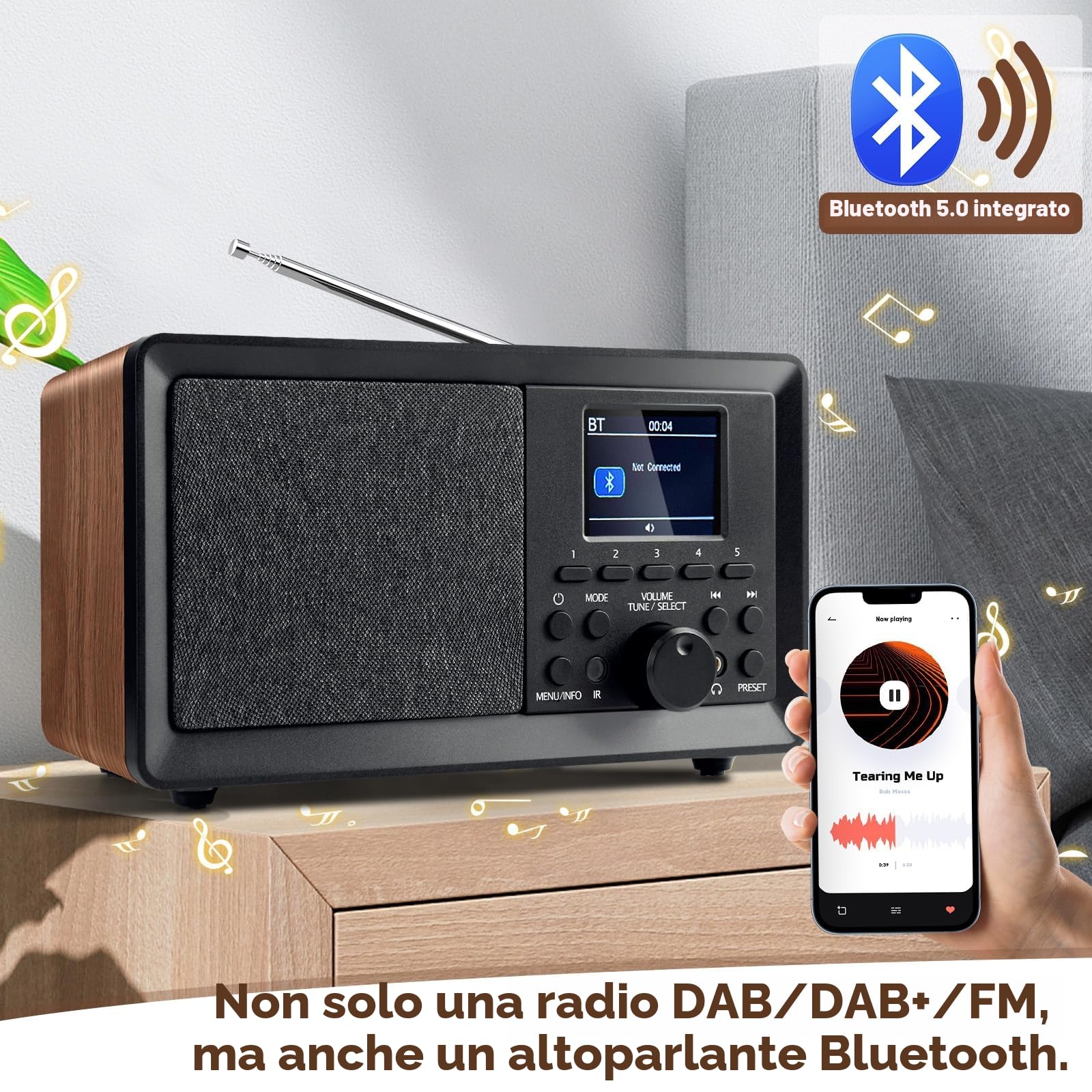 Radio DAB+/FM Bluetooth Telecomando Legno Retrò Cucina Sveglia Doppio Allarme USB AUX