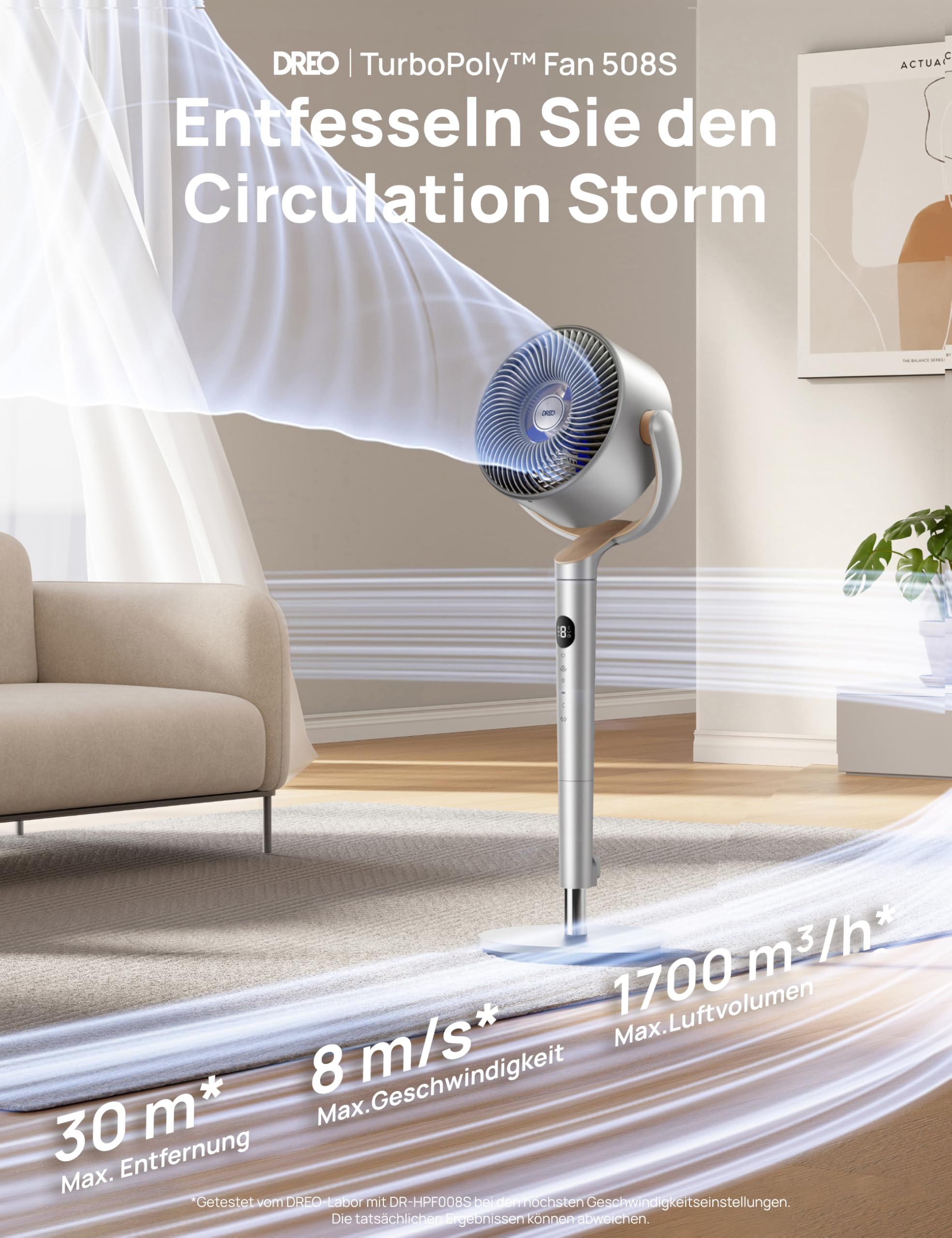 DREO Smart Standventilator mit RGB-Licht, 120°+120° Oszillation, Leiser 20 dB Bodenventilator mit Fernbedienung, 8H Timer, für Schlafzimmer, Silber