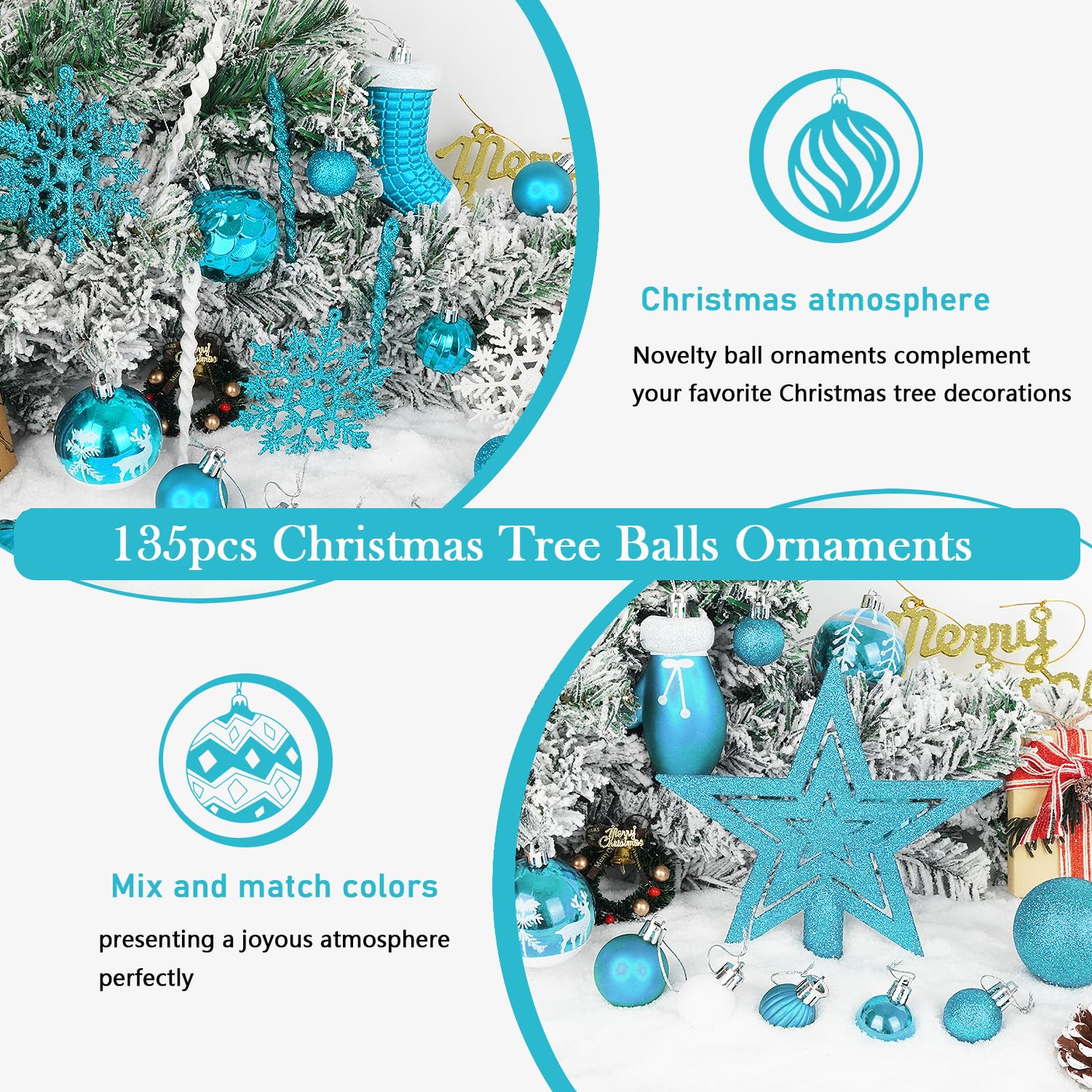 Miaikoe Juego de 135 adornos de bolas de Navidad, de plástico inastillable, surtido de bolas de Navidad preatadas para colgar en el árbol de Navidad, festivales, fiestas, decoración de vacaciones