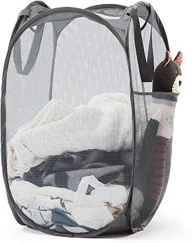 TECHMILLY Collapsible Mesh Pop Up Laundry Hamper with Sturdy Handles and Side Pocket - Portable Foldable Clothes Baskets for Dorm, Bathroom & Travel Storage Grey