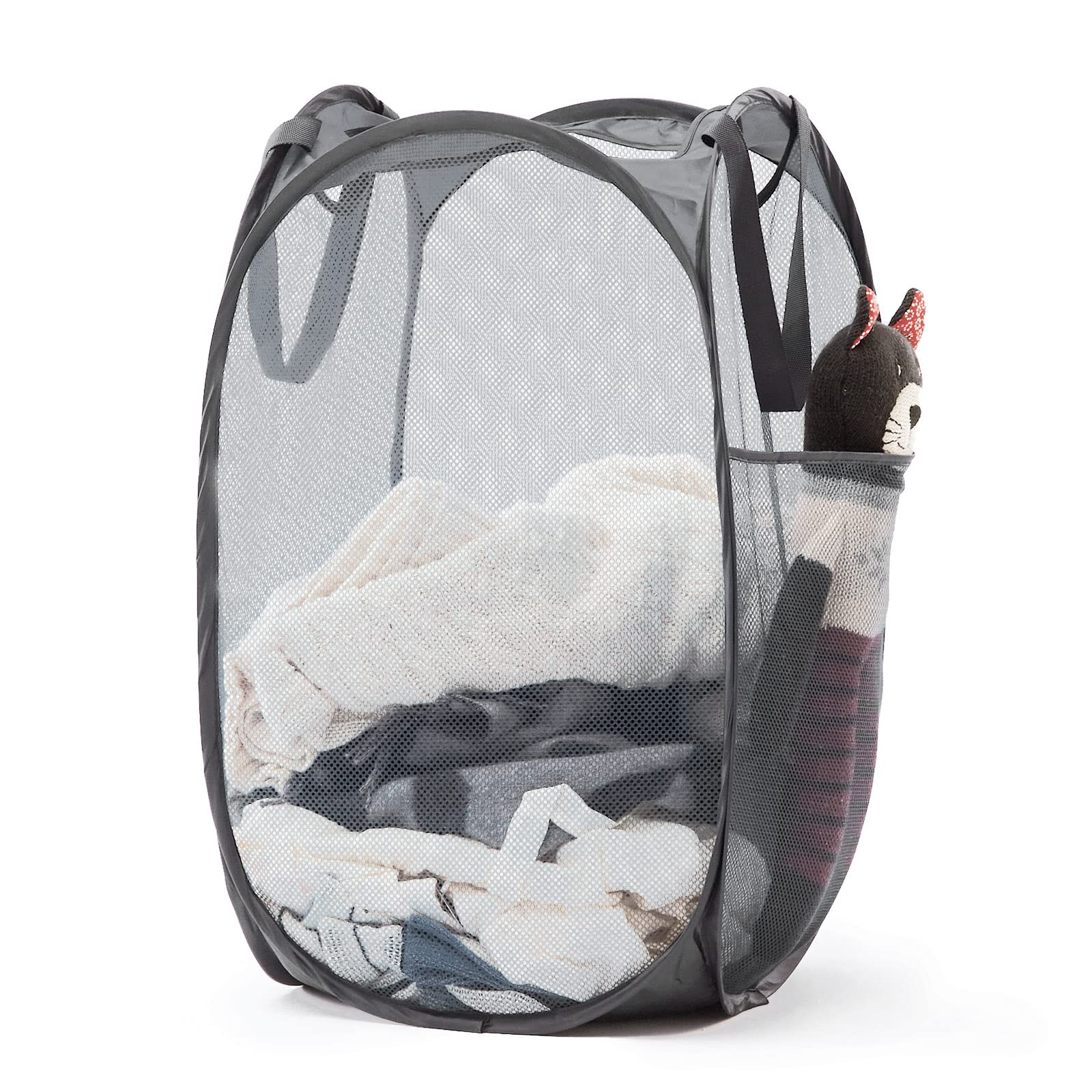 TECHMILLY Collapsible Mesh Pop Up Laundry Hamper with Sturdy Handles and Side Pocket - Portable Foldable Clothes Baskets for Dorm, Bathroom &amp; Travel Storage (Grey)