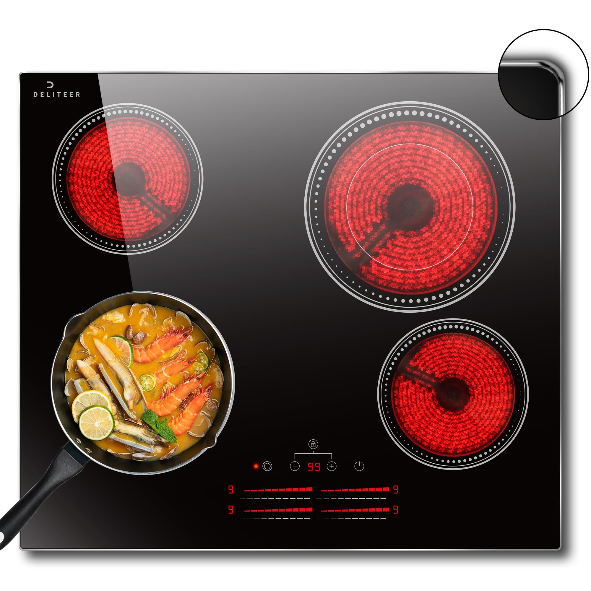 DELITEER Piano Cottura Vetroceramica a 4 Piastre, Piano Cottura in Vetroceramica da Incasso 59cm, 6600W, Controllo Touch a Scorrimento, Doppia Zona Flessibile, Piano Cottura a 4 Piastre, senza Spina