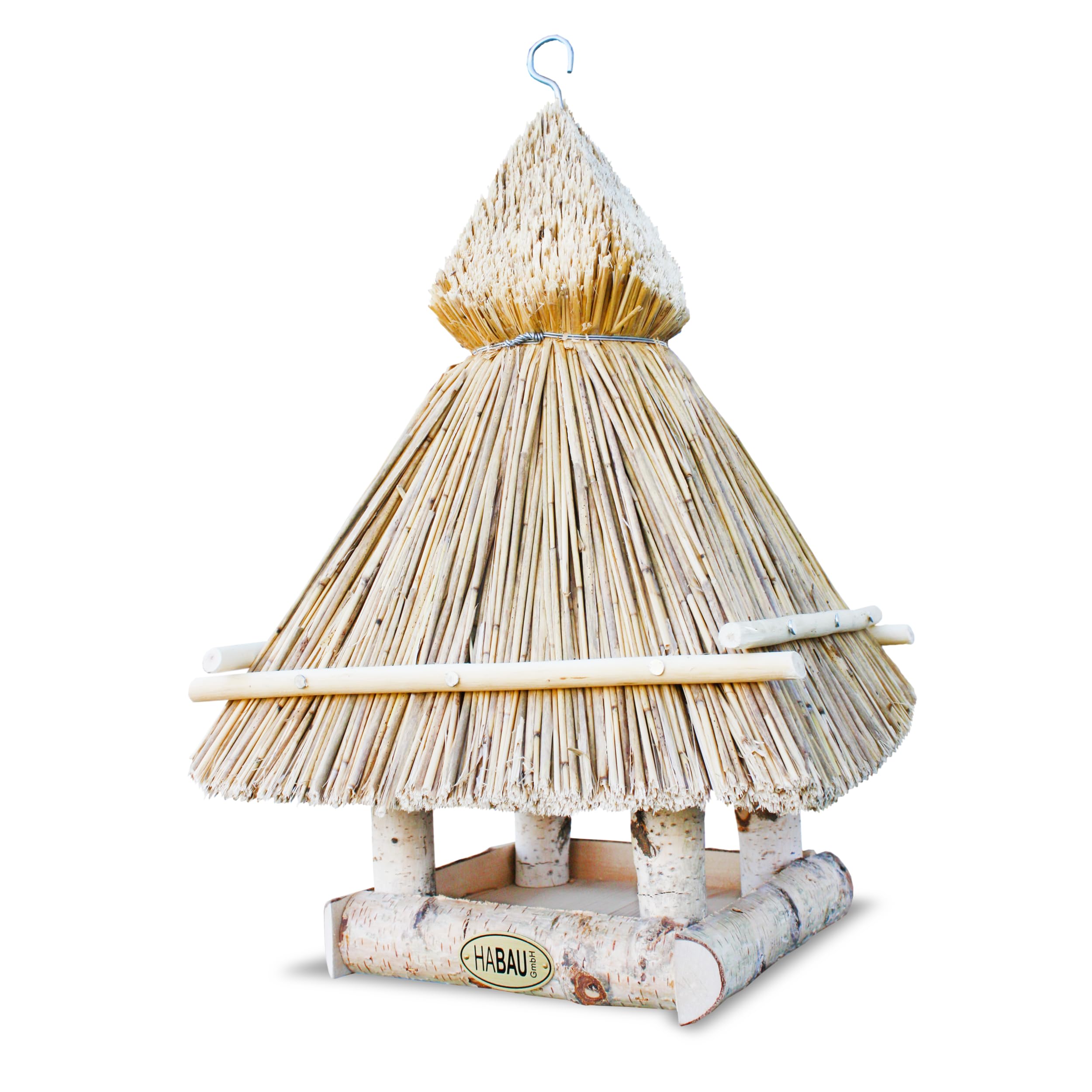 HABAU Vogelhaus aus Birke mit Strohdach, 32 x 32 x 50 cm | unbehandelt und handgefertigt, rustikales Futterhaus zum Aufhängen