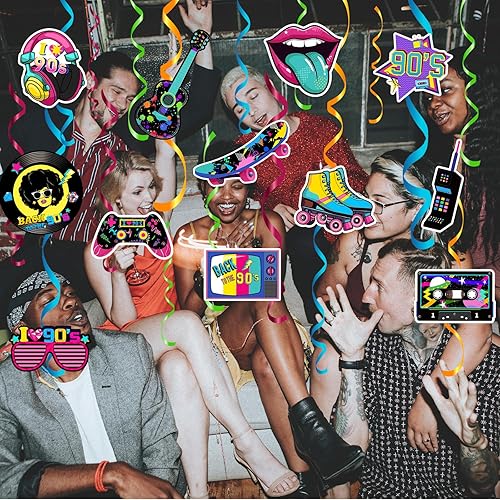 Miniatura 5 de 48 espirales colgantes de los años 90 para adultos, decoraciones de fiesta de regreso a los 90, decoración de cumpleaños temática de los años 80,