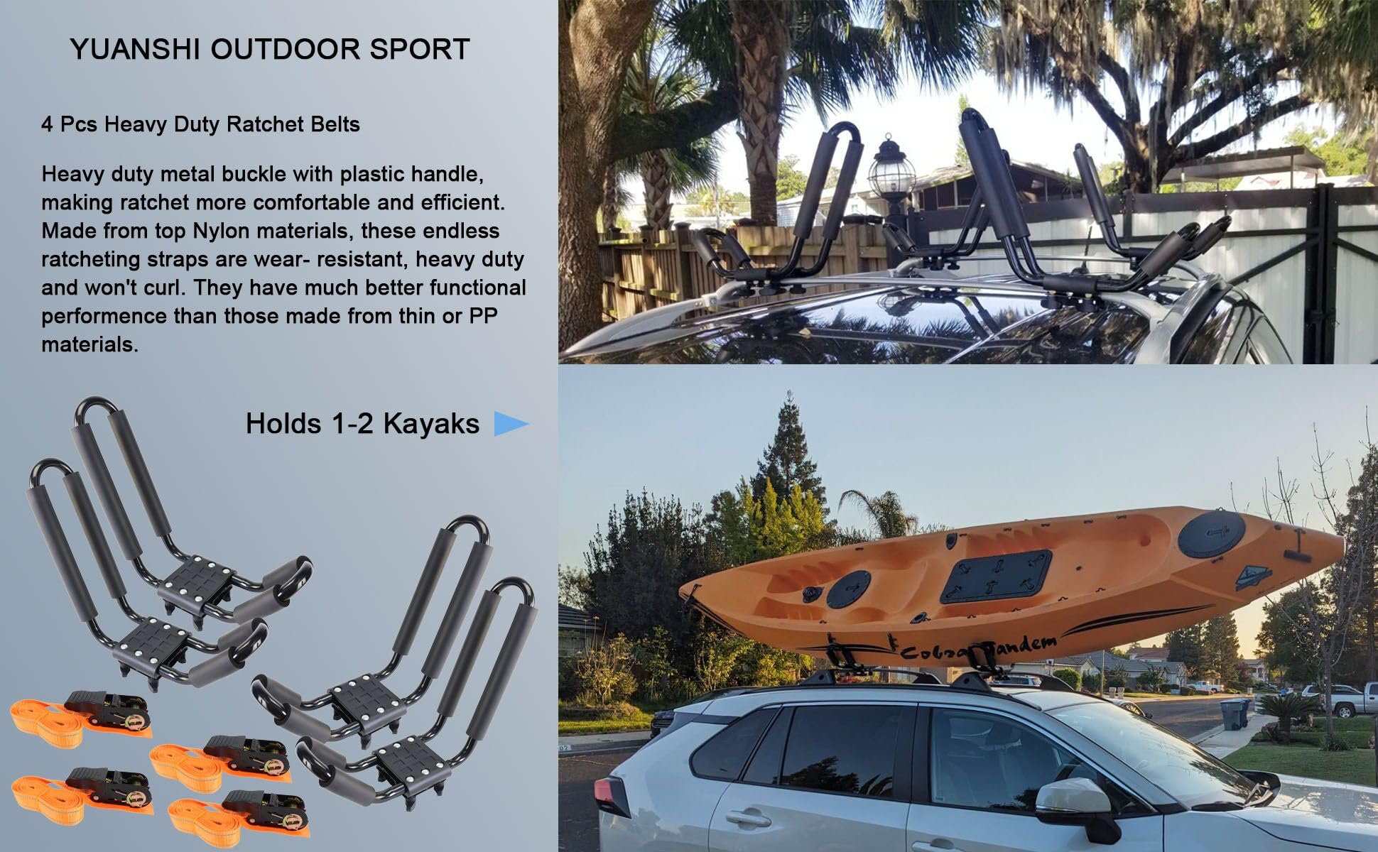 Kayak Roof Rack 2 Pairs Heavy Duty J-Bar Carrier Holder for Canoe, SUV, Cars, Truck, Surf Ski, Tie-Mount on Car Roof Top Crossbar for Trip - Includes 8 Pcs Ratchet, Set of 4