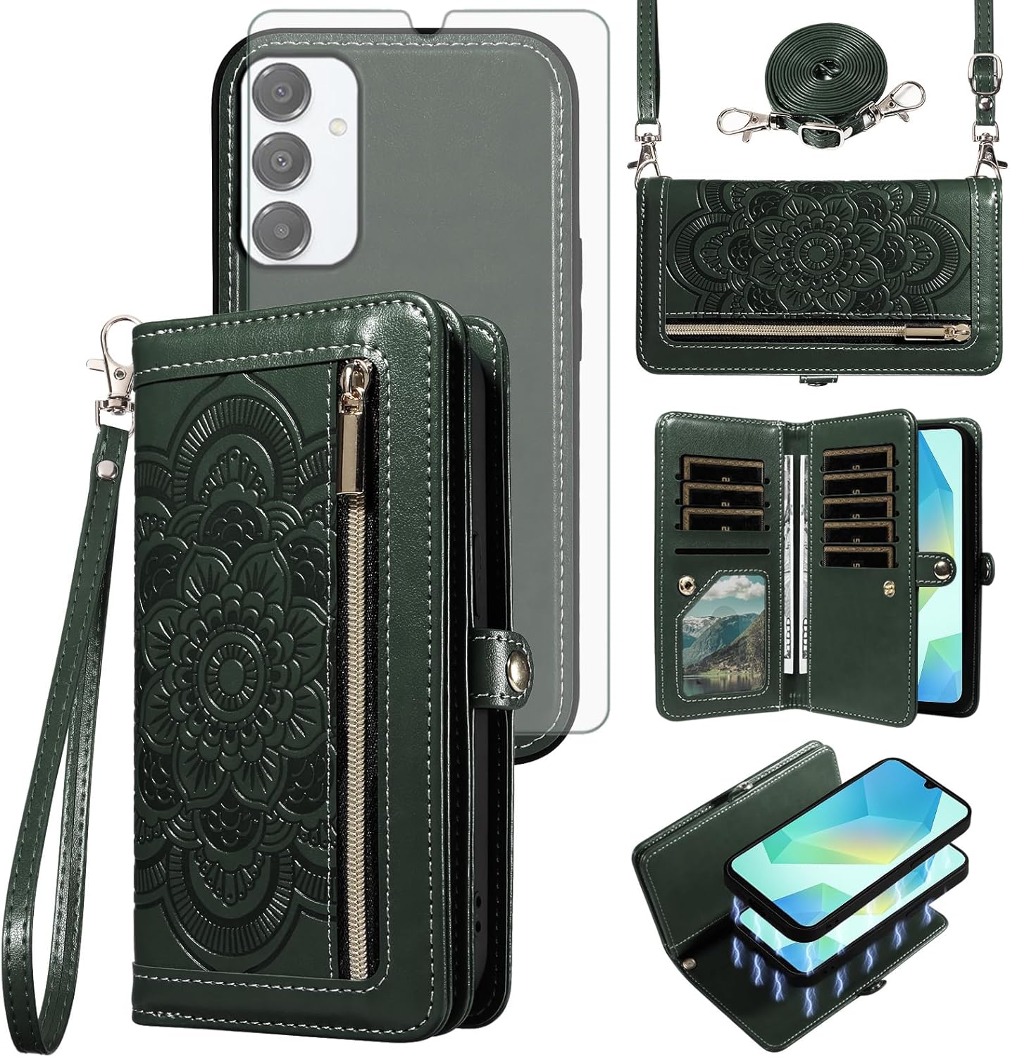 Asuwish Phone Case for Samsung Galaxy A16 5G/4G Zipper Wallet Detachable Cell Cover with Tempered Glass Screen Protector Wrist Strap Mandala Flower Card Holder A 16 16A SM-A166U Women Men Dark Green