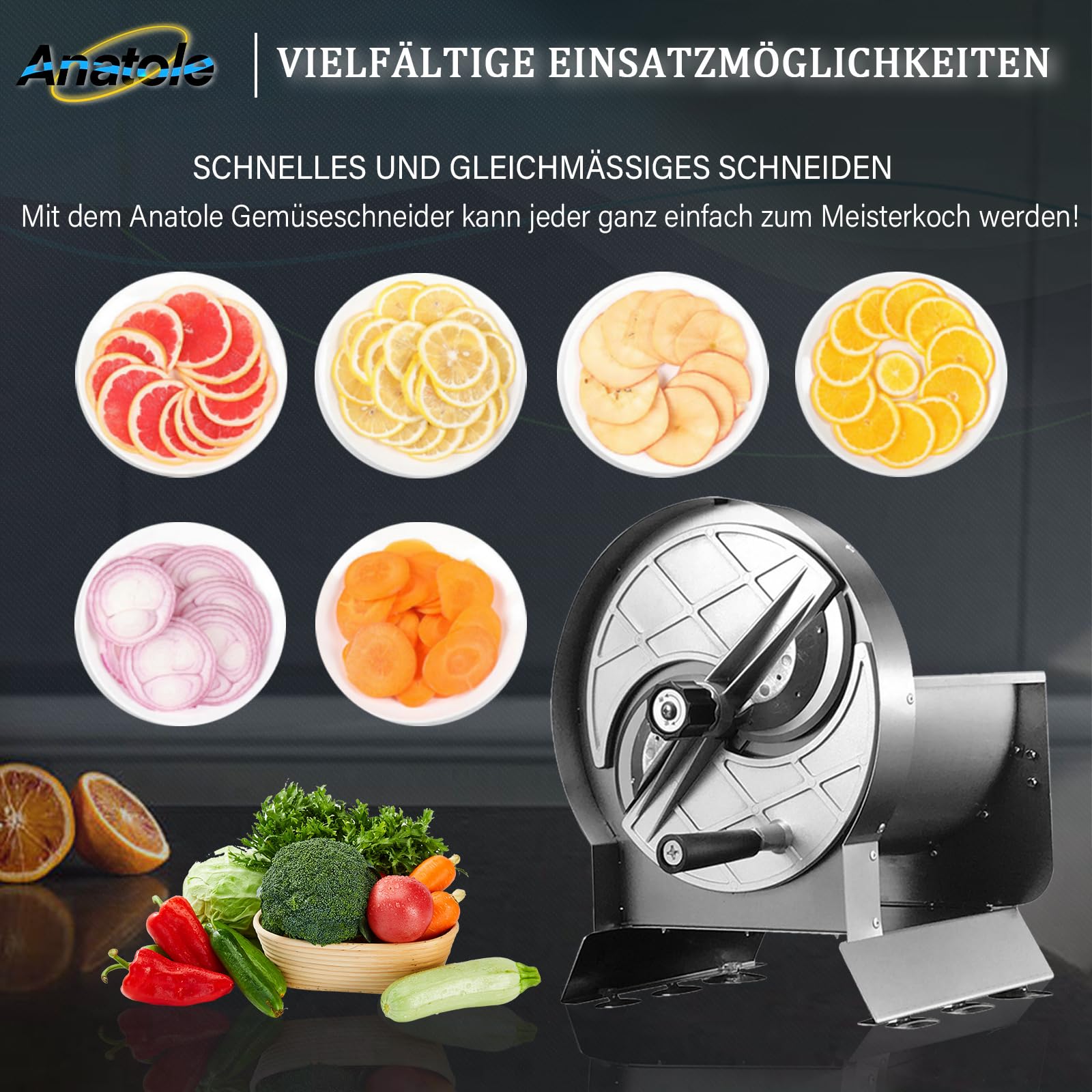 Anatole Gemüseschneider Edelstahl Gemüsehobel Manuell Obstschneider 0-13mm | Einstellbare Dicke, Profi, für Zwiebeln Tomaten Kartoffeln Karotten Zitronen Orangen Chips, für Gastronomie Restaurant Hause