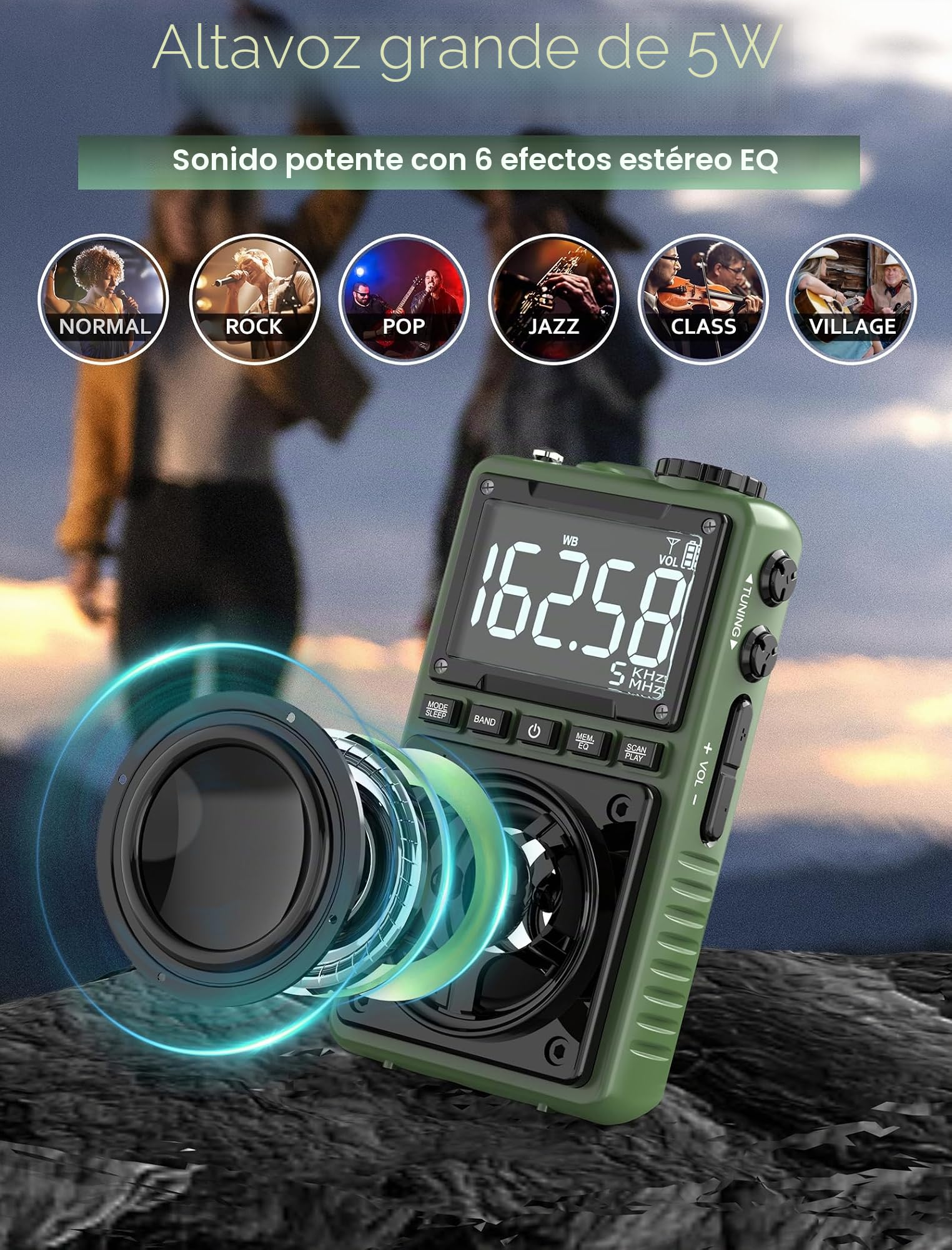 Radio Bluetooth AM FM NOAA portátil recargable 1250 mAh con recepción excelente, altavoz 5 W, sintonizador digital y auriculares