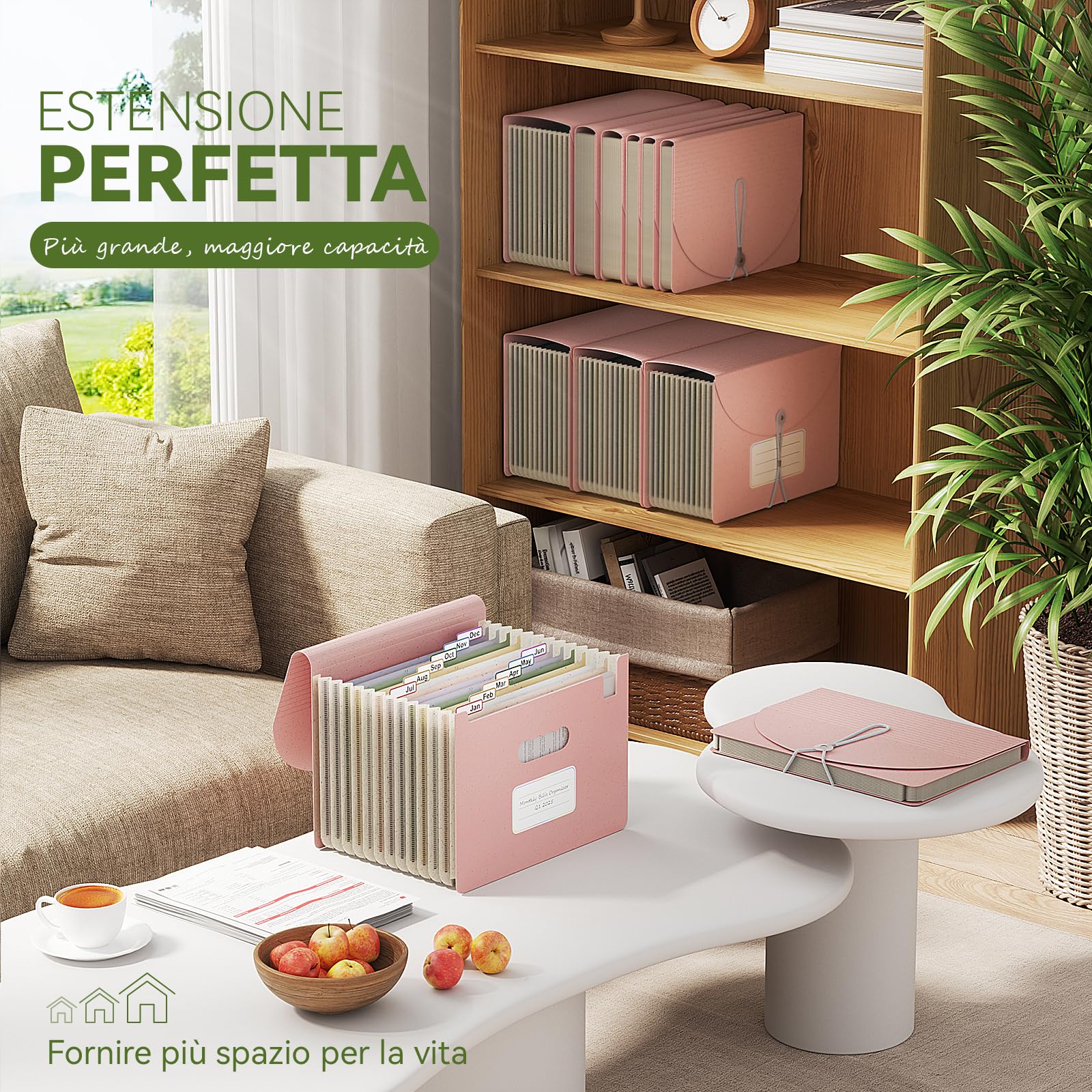 EcoStash Cartella Portadocumenti A4, 12 Tasche Porta Documenti in Paglia di Grano, Raccoglitore Documenti Espandibile per Ufficio Casa, Senza BPA, Ritorno alla Natura, Vita Sana - Rosa Fragola