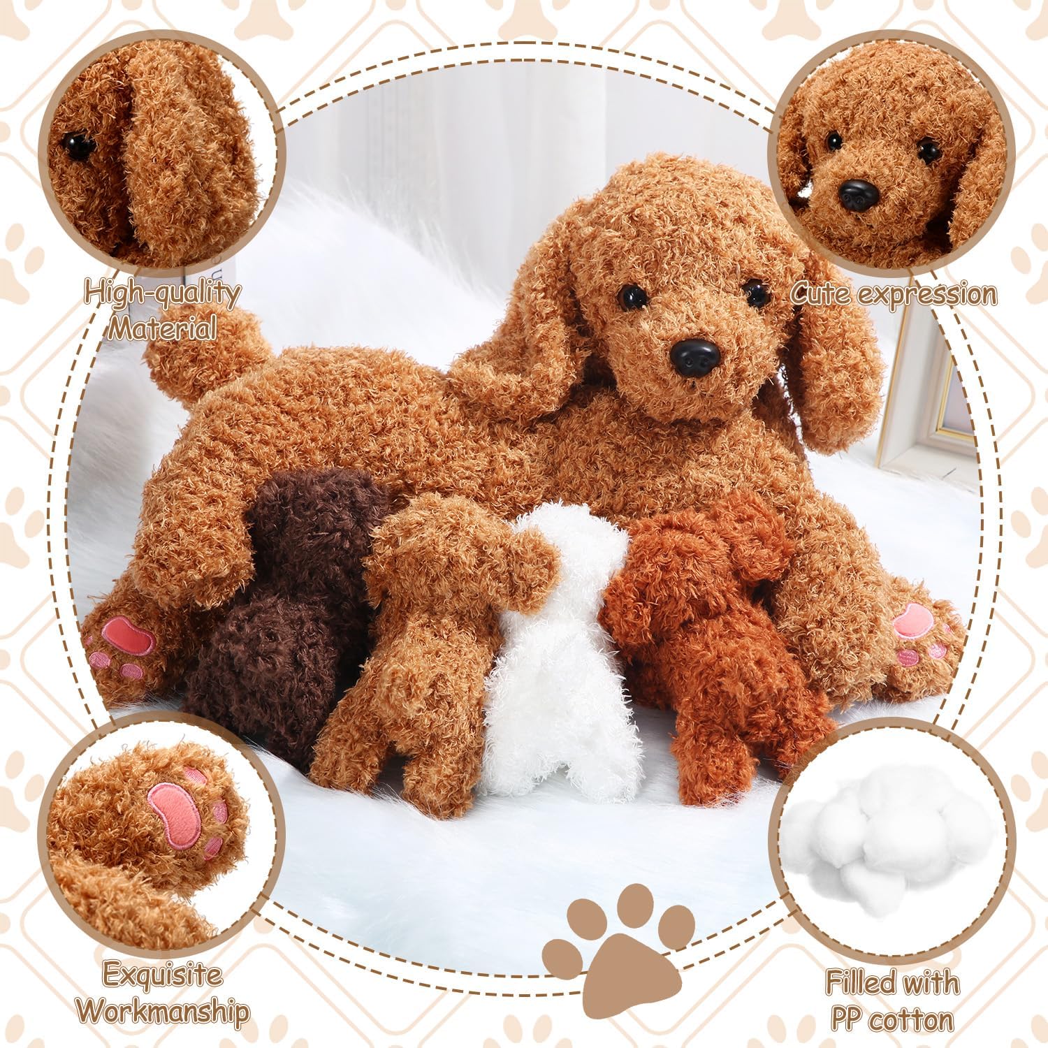 Honoson Nurturing Dog Mommy Plush Set with 4 Baby Puppies Soft Cute Dog Themed Stuffed Plush Toys for Kids Girls Boys Easter Birthday Gifts(Curly)