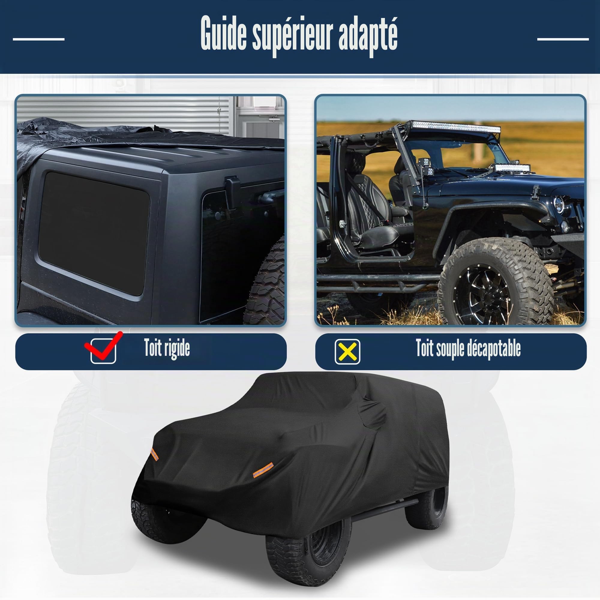 X AUTOHAUX Housse de voiture pour Jeep Wrangler JK JL YJ TJ 4 portes 2007-2023 - Étanche contre le soleil, la pluie, la poussière, le vent, la neige - Avec fermeture éclair pour porte conducteur, noir