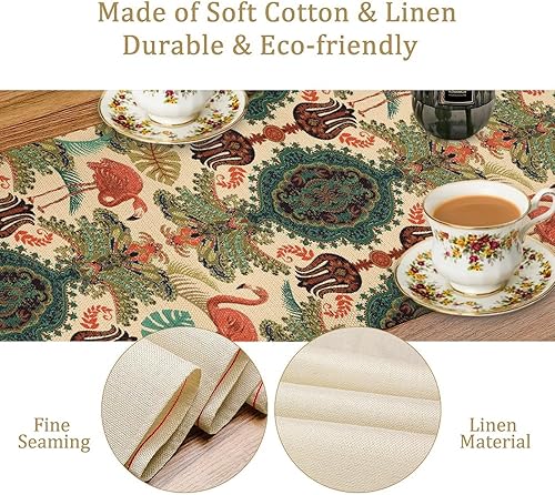 Miniatura 4 de Camino de mesa bohemio de flamenco, bohemio, vintage, étnico, tropical, diseño de pájaros tropicales, para comedor, cocina, camino rectangular,